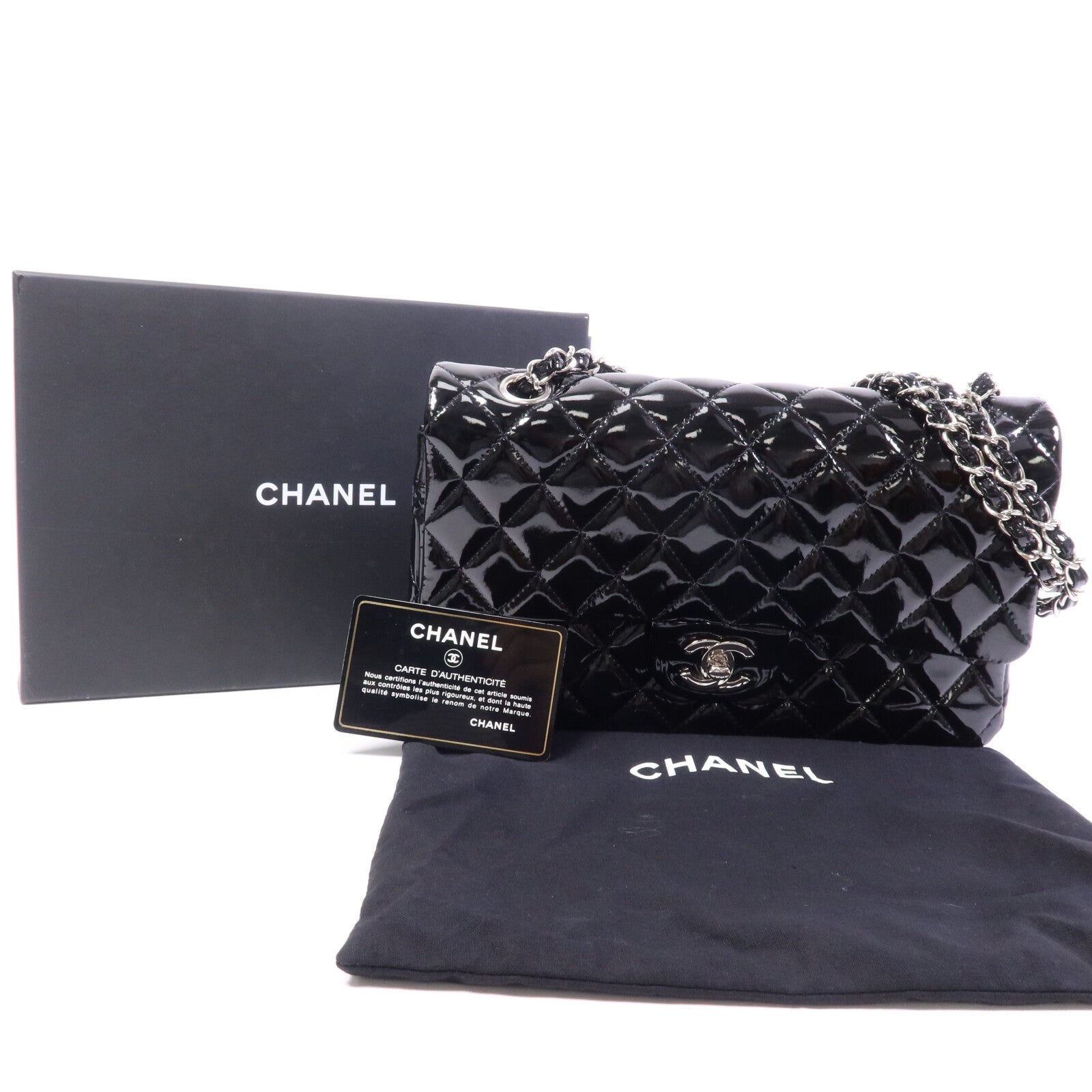 CHANEL 漆皮皮革Classic 25銀扣鏈帶肩背袋