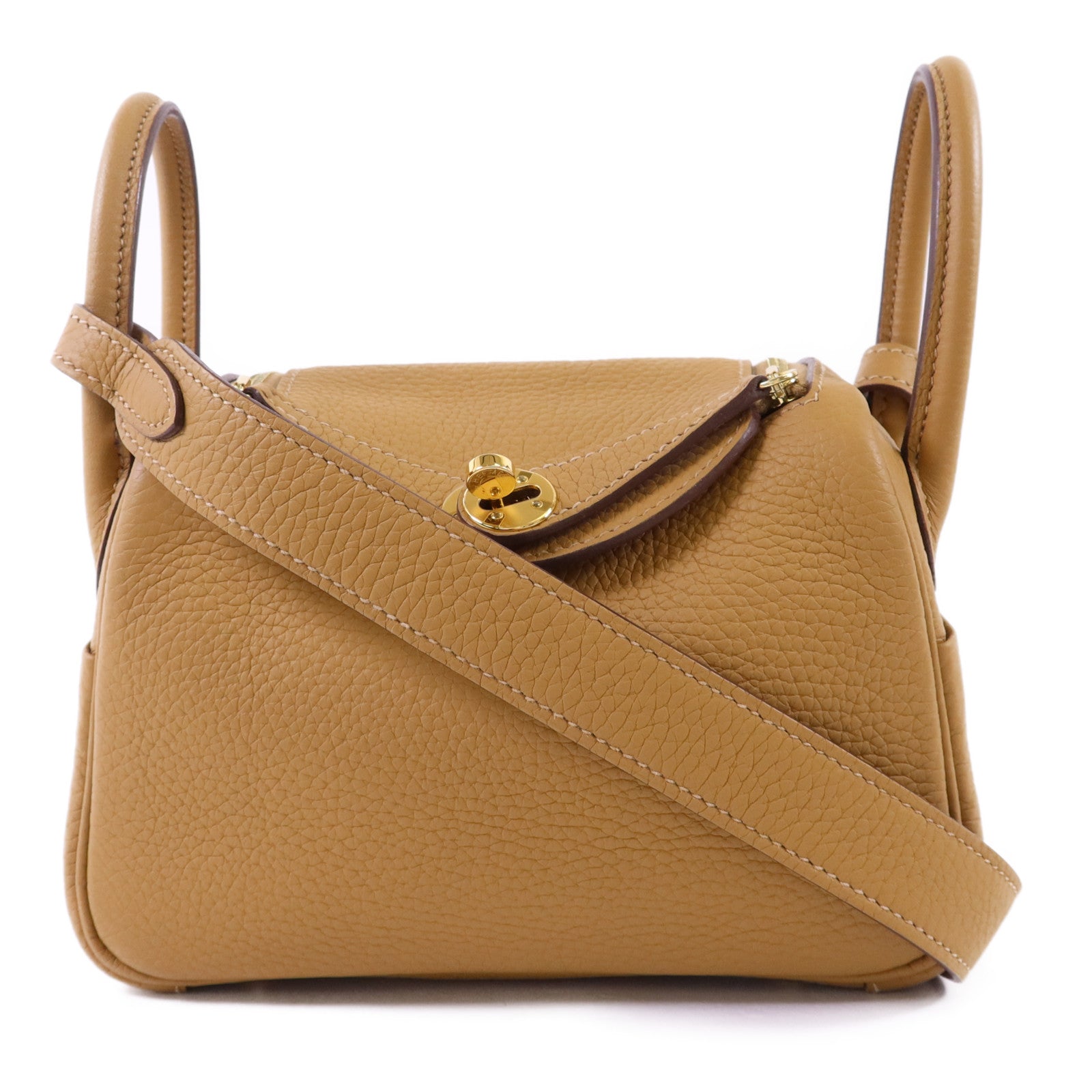 HERMES Clemence皮革Mini Lindy金扣手挽肩背兩用袋Biscuit