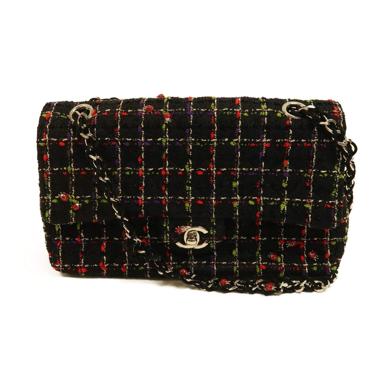 CHANEL 軟呢Classic Flap 25cm銀扣鏈帶肩背袋黑色