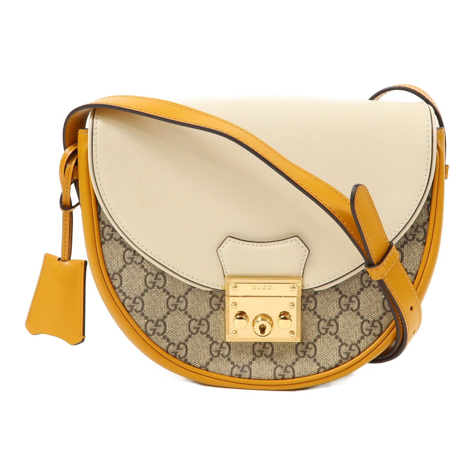GUCCI 【激減優惠】牛皮皮革/塗層帆布Padlock Shoulder Bag金扣肩背袋黃色/白色