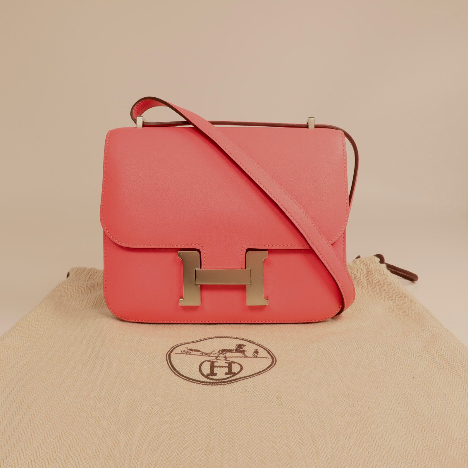 HERMES 【激減優惠】Swift皮革Mini Constance銀扣手挽肩背兩用袋Rose Azalee