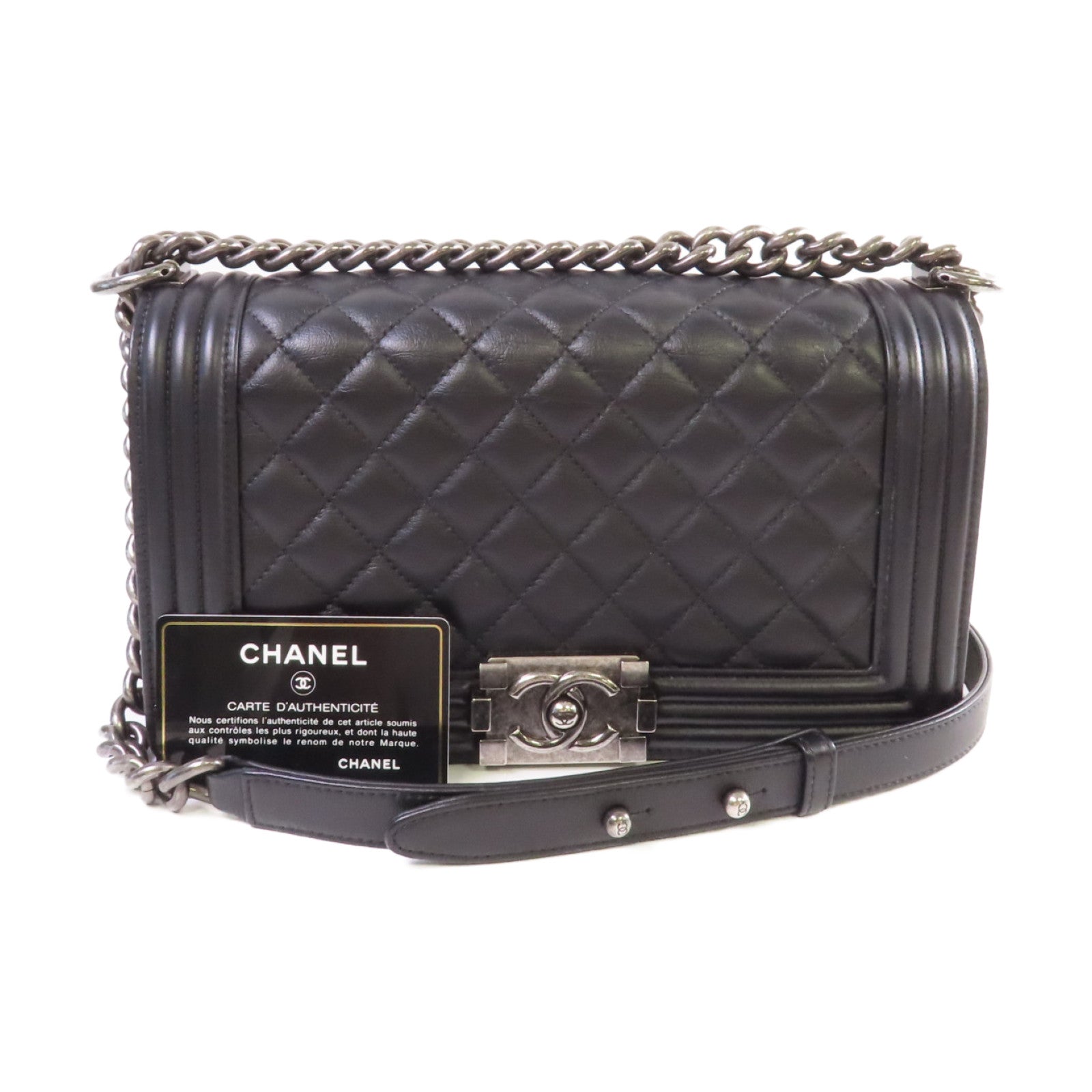 CHANEL 【激減優惠】菱格牛皮皮革Boy Chanel Chain Shoulder Bag銀扣鏈帶肩背袋黑色