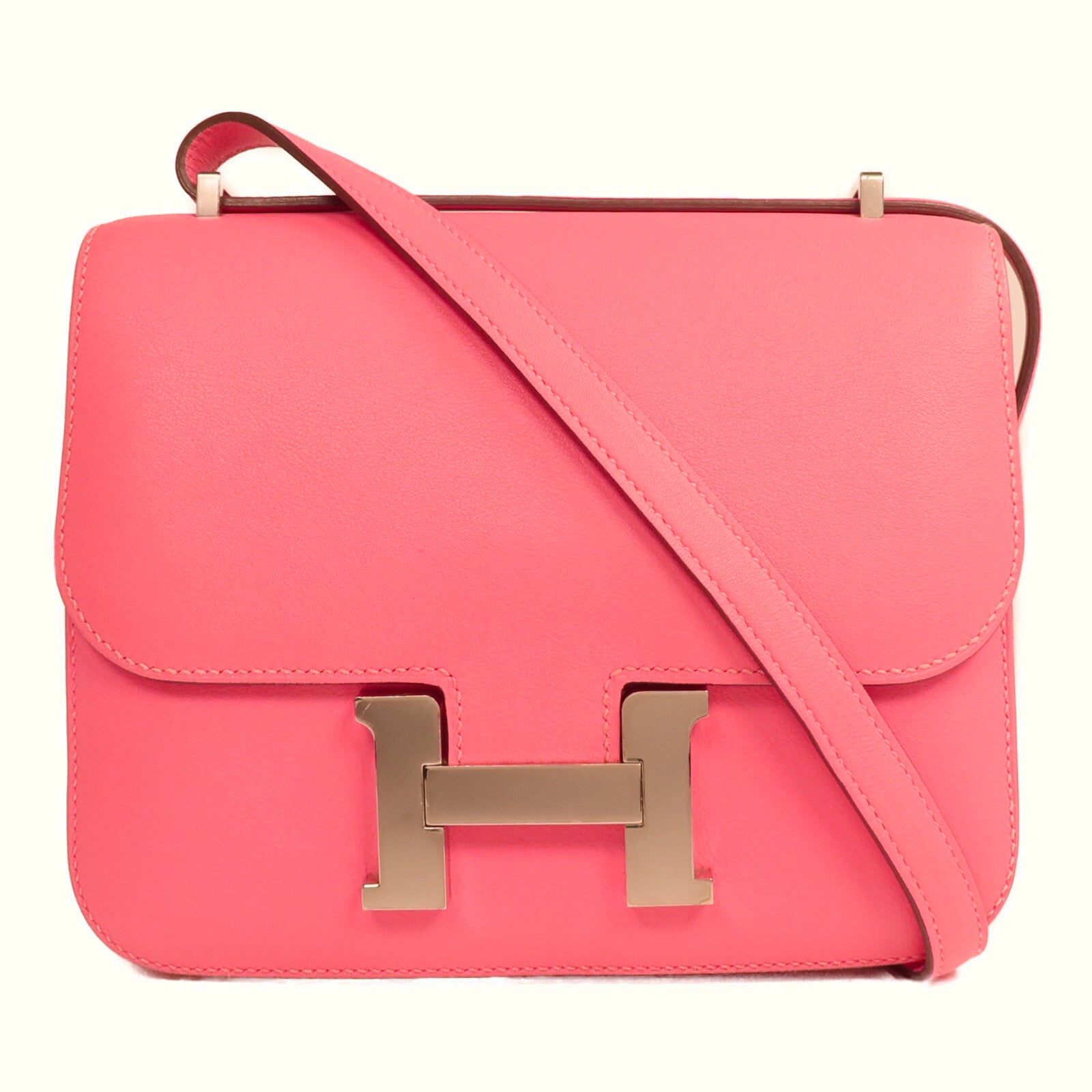 HERMES Swift皮革Mini Constance銀扣手挽肩背兩用袋Rose Azalee