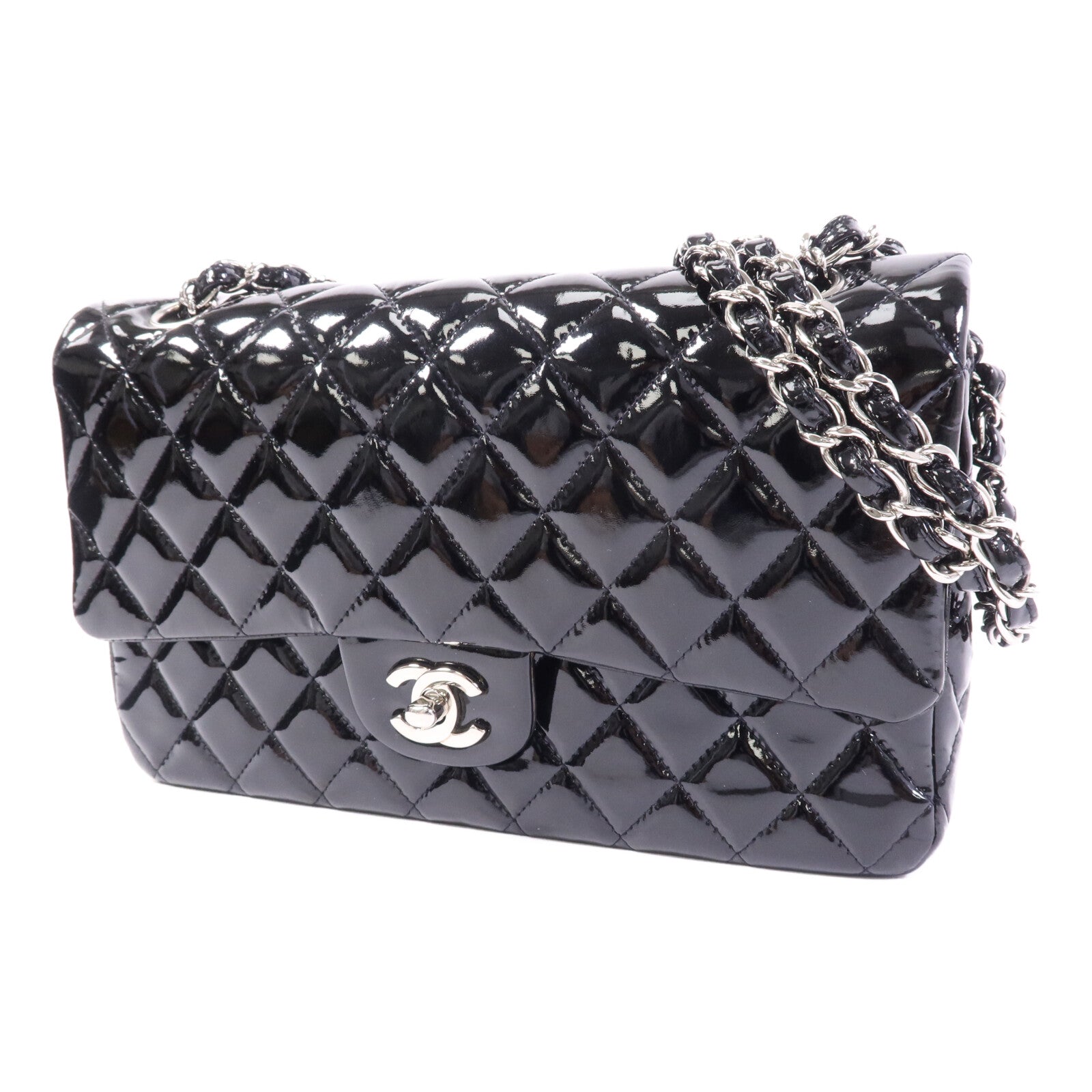 CHANEL 漆皮皮革Classic 25銀扣鏈帶肩背袋