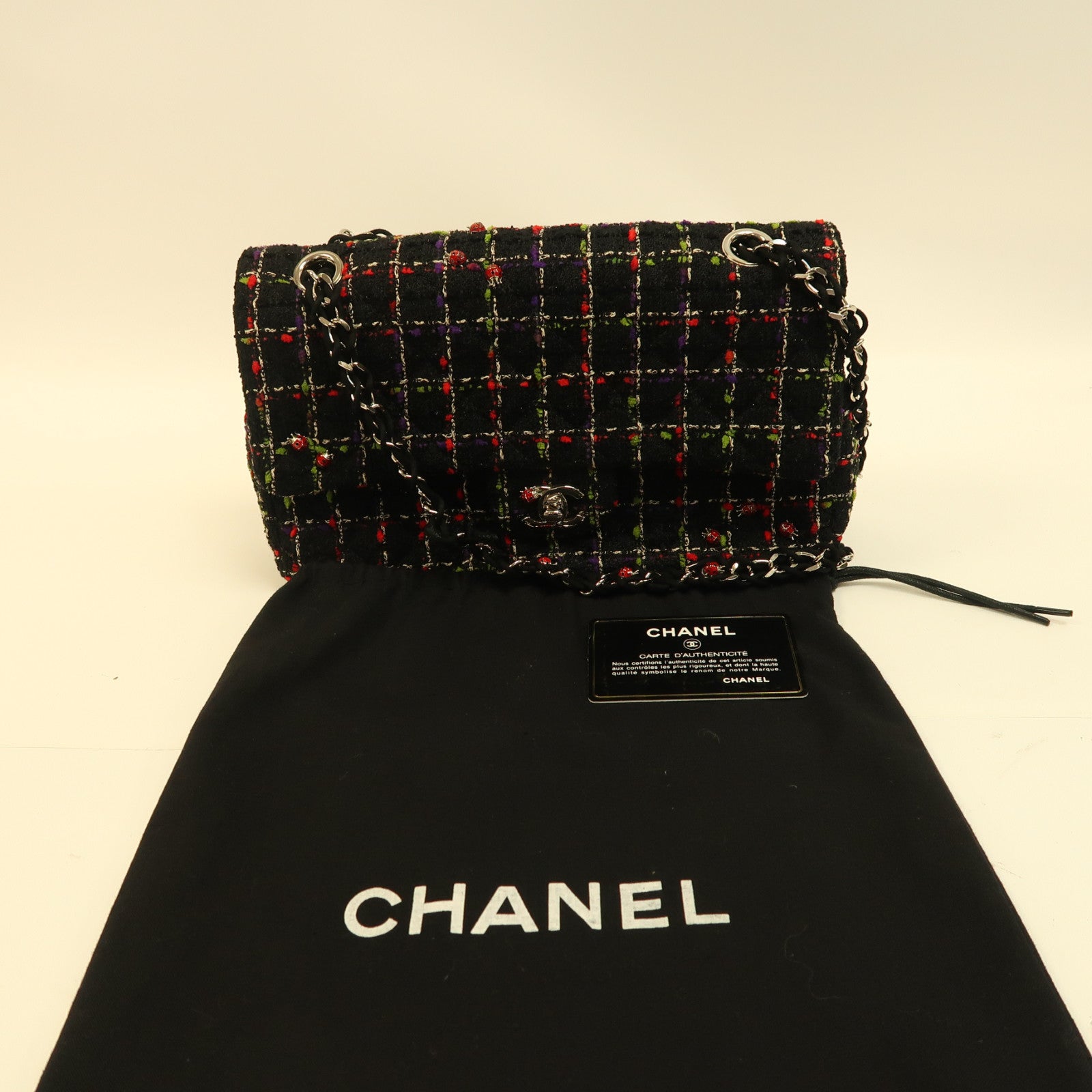 CHANEL 軟呢Classic Flap 25cm銀扣鏈帶肩背袋黑色