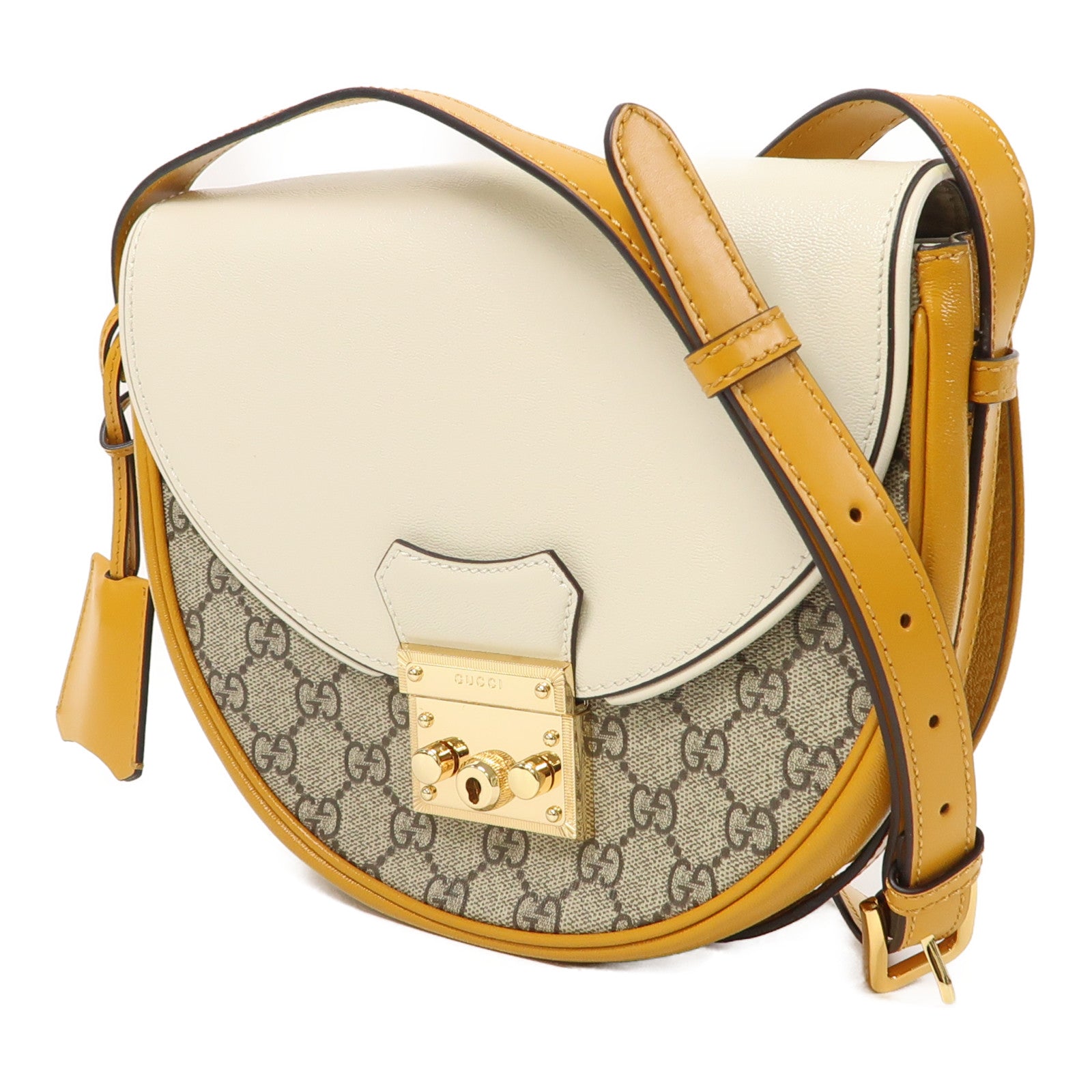 GUCCI 【激減優惠】牛皮皮革/塗層帆布Padlock Shoulder Bag金扣肩背袋黃色/白色
