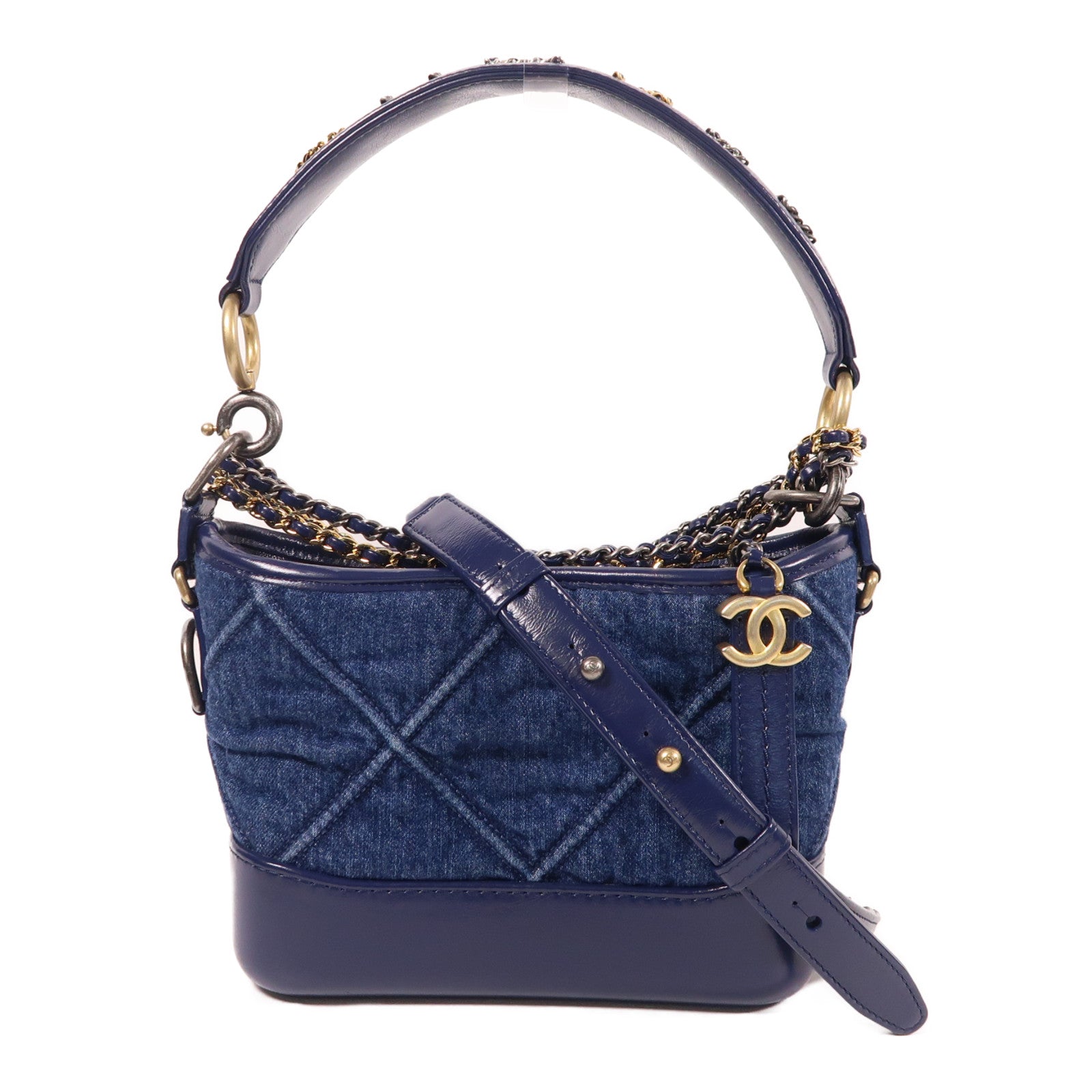 CHANEL 牛仔布/皮革Gabrielle手挽鏈帶肩背兩用袋藍色