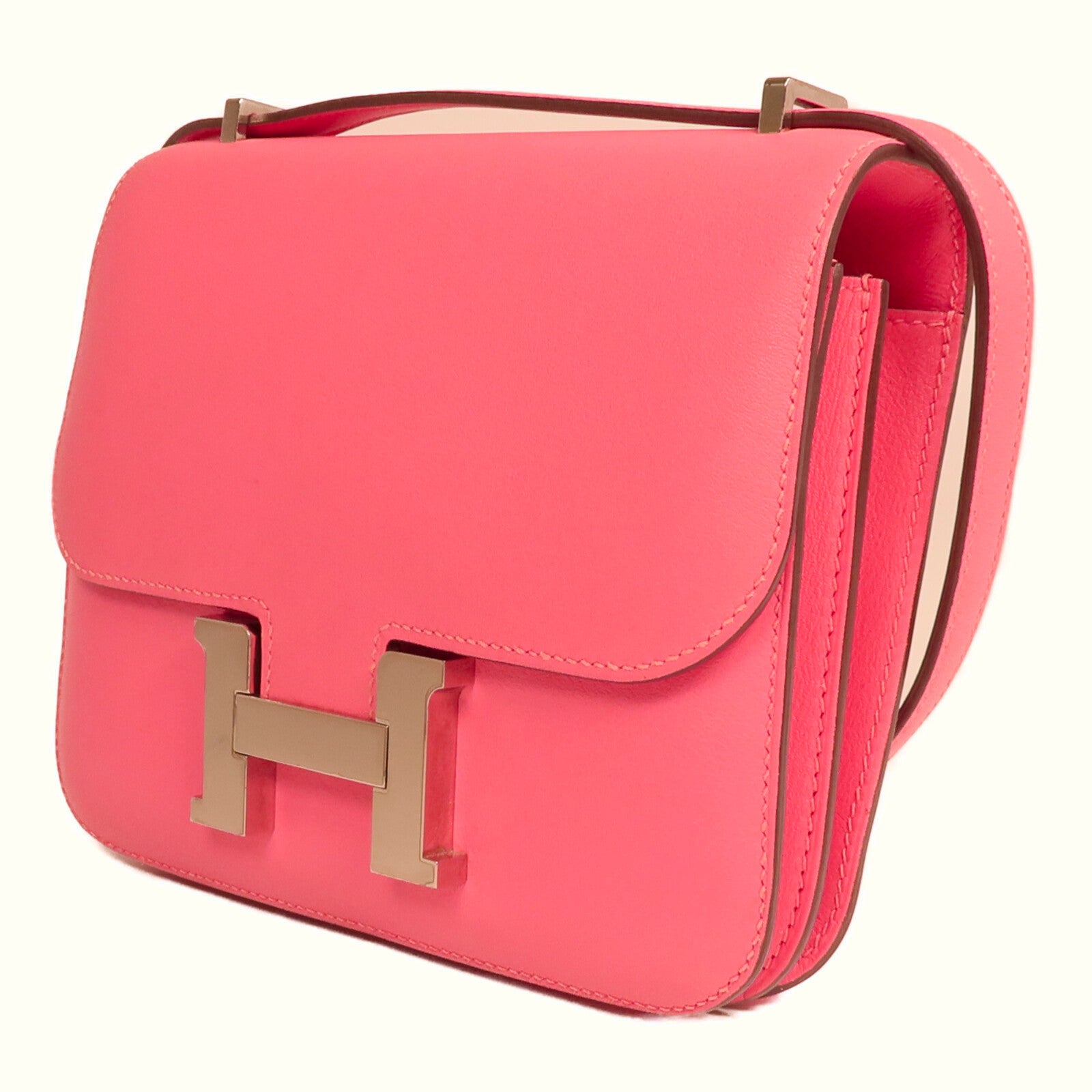 HERMES 【激減優惠】Swift皮革Mini Constance銀扣手挽肩背兩用袋Rose Azalee