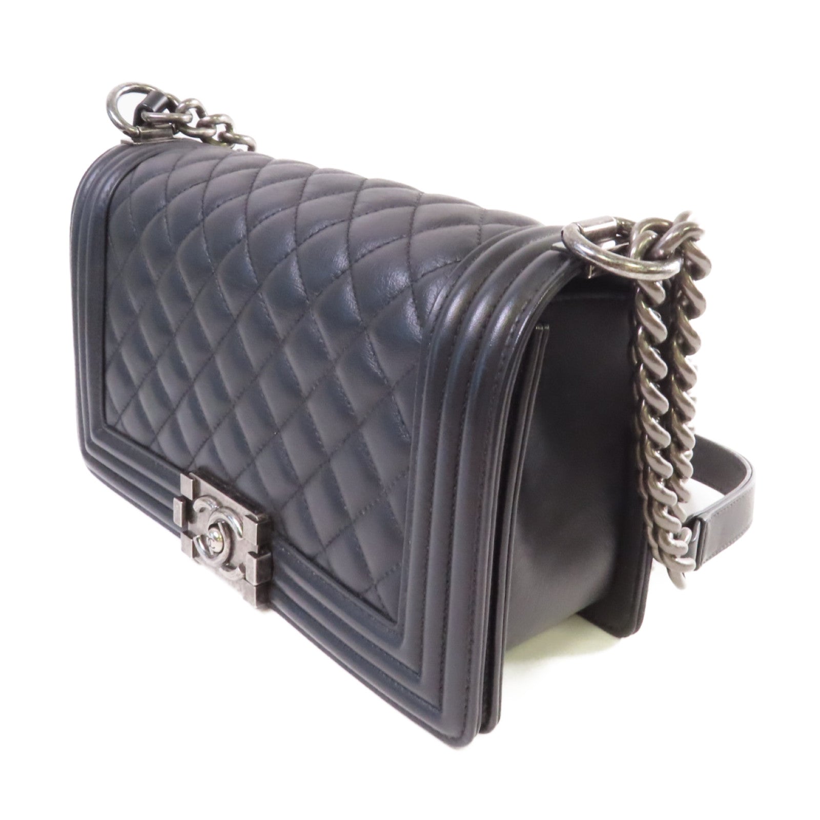 CHANEL 【激減優惠】菱格牛皮皮革Boy Chanel Chain Shoulder Bag銀扣鏈帶肩背袋黑色