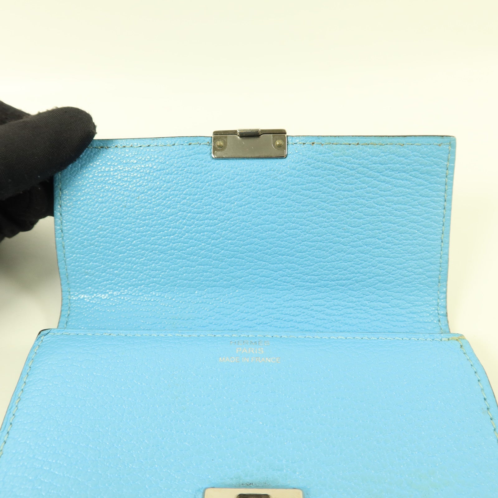 HERMES Chevre皮革Clic 12 Wallet錢包Celeste