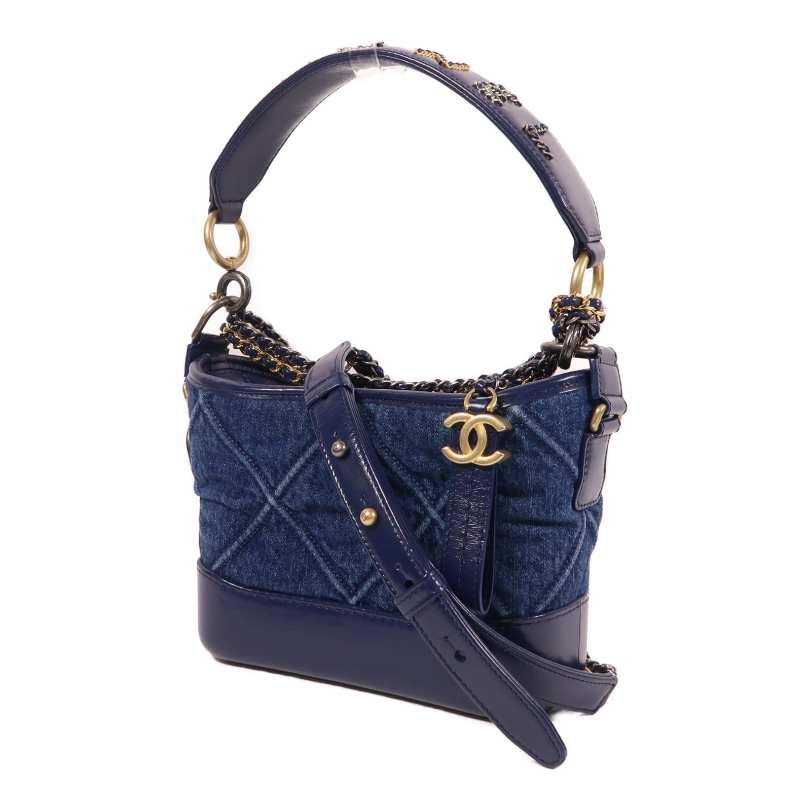 CHANEL 牛仔布/皮革Gabrielle手挽鏈帶肩背兩用袋藍色