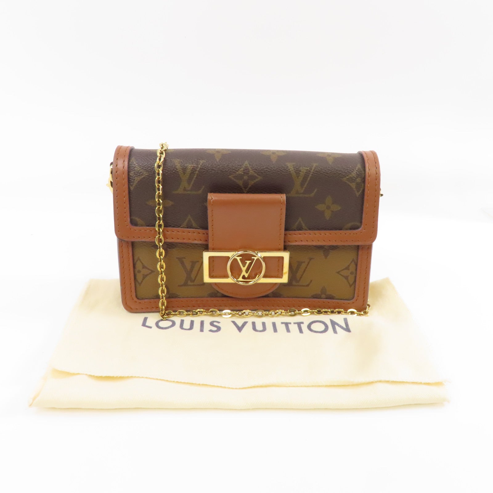LOUIS VUITTON Monogram Reverse Dauphine金扣鏈帶肩背袋棕色
