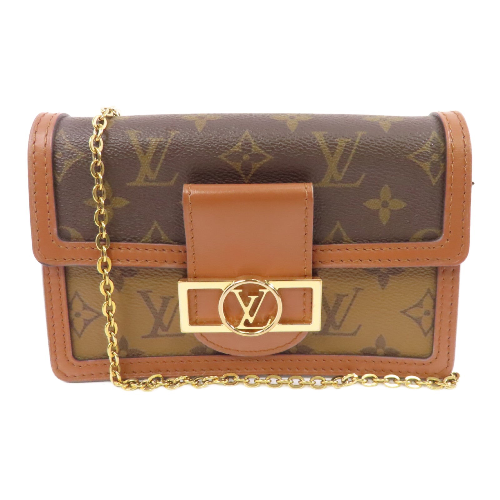 LOUIS VUITTON Monogram Reverse Dauphine金扣鏈帶肩背袋棕色