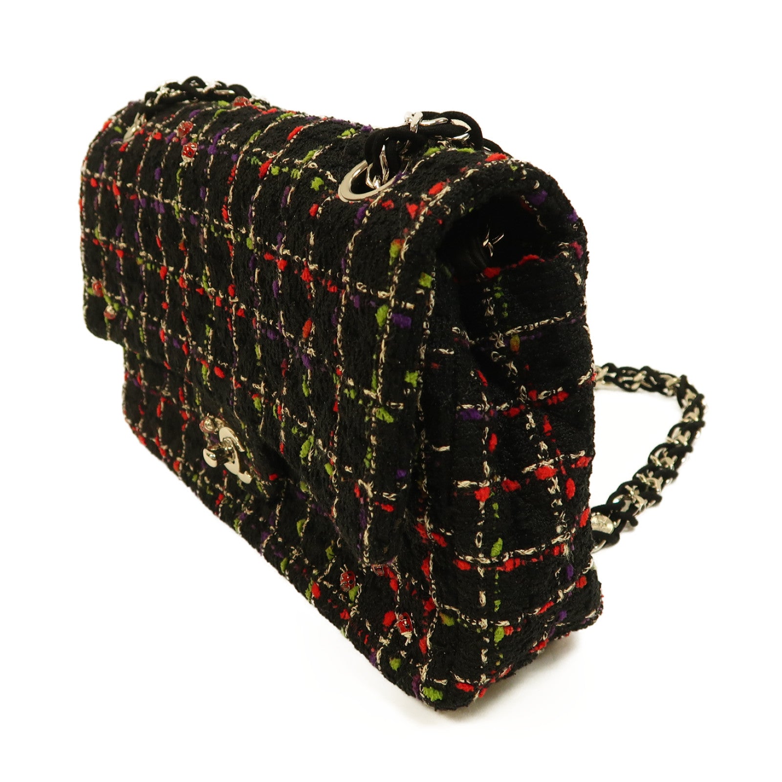 CHANEL 軟呢Classic Flap 25cm銀扣鏈帶肩背袋黑色
