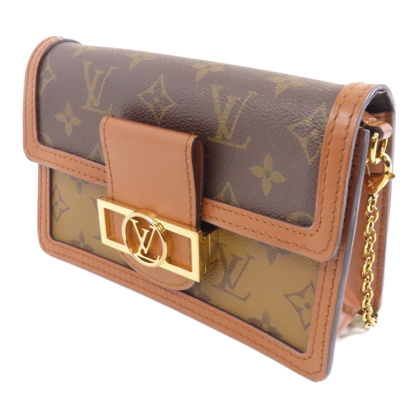 LOUIS VUITTON Monogram Reverse Dauphine金扣鏈帶肩背袋棕色