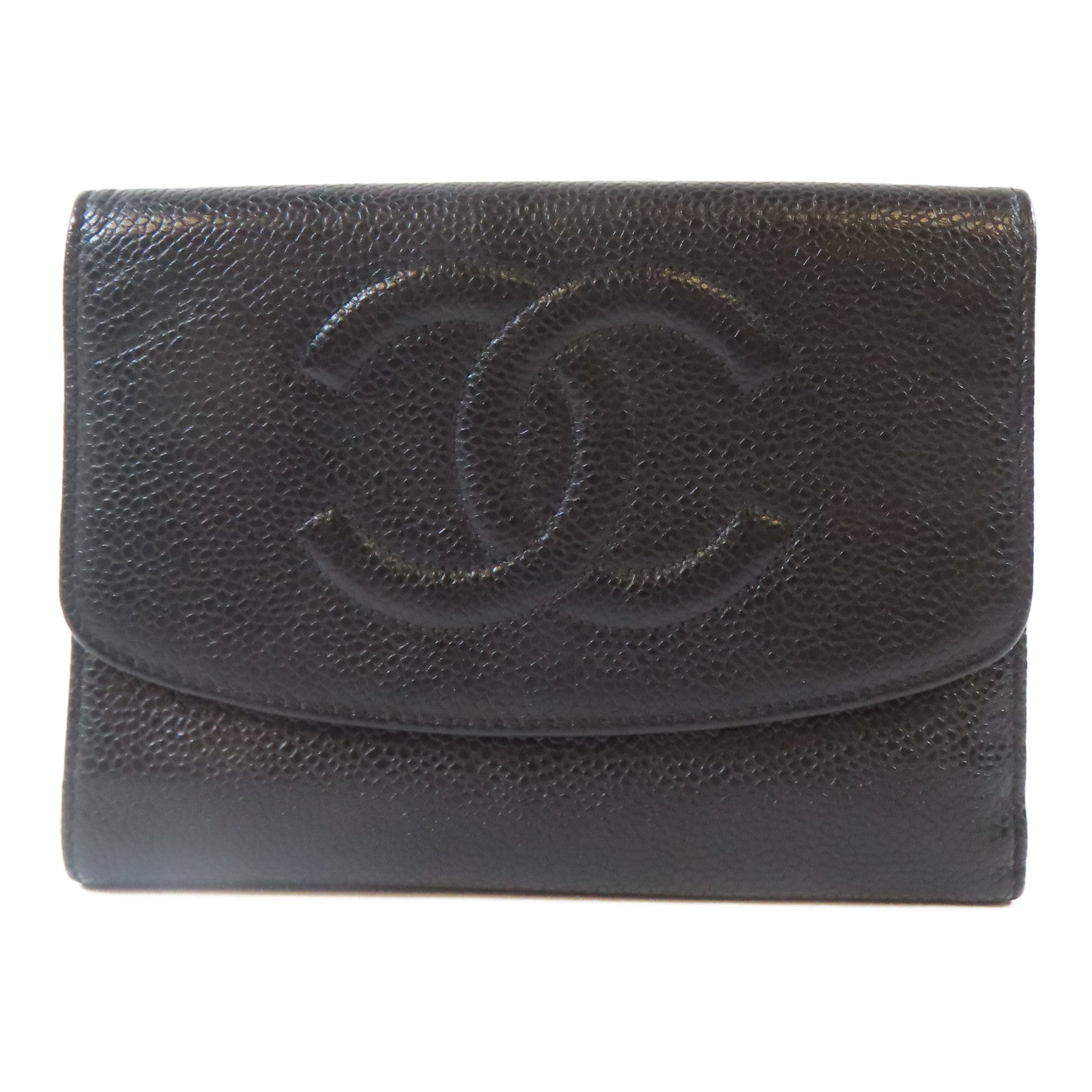 CHANEL Caviar皮革Trifold Wallet金扣錢包黑色
