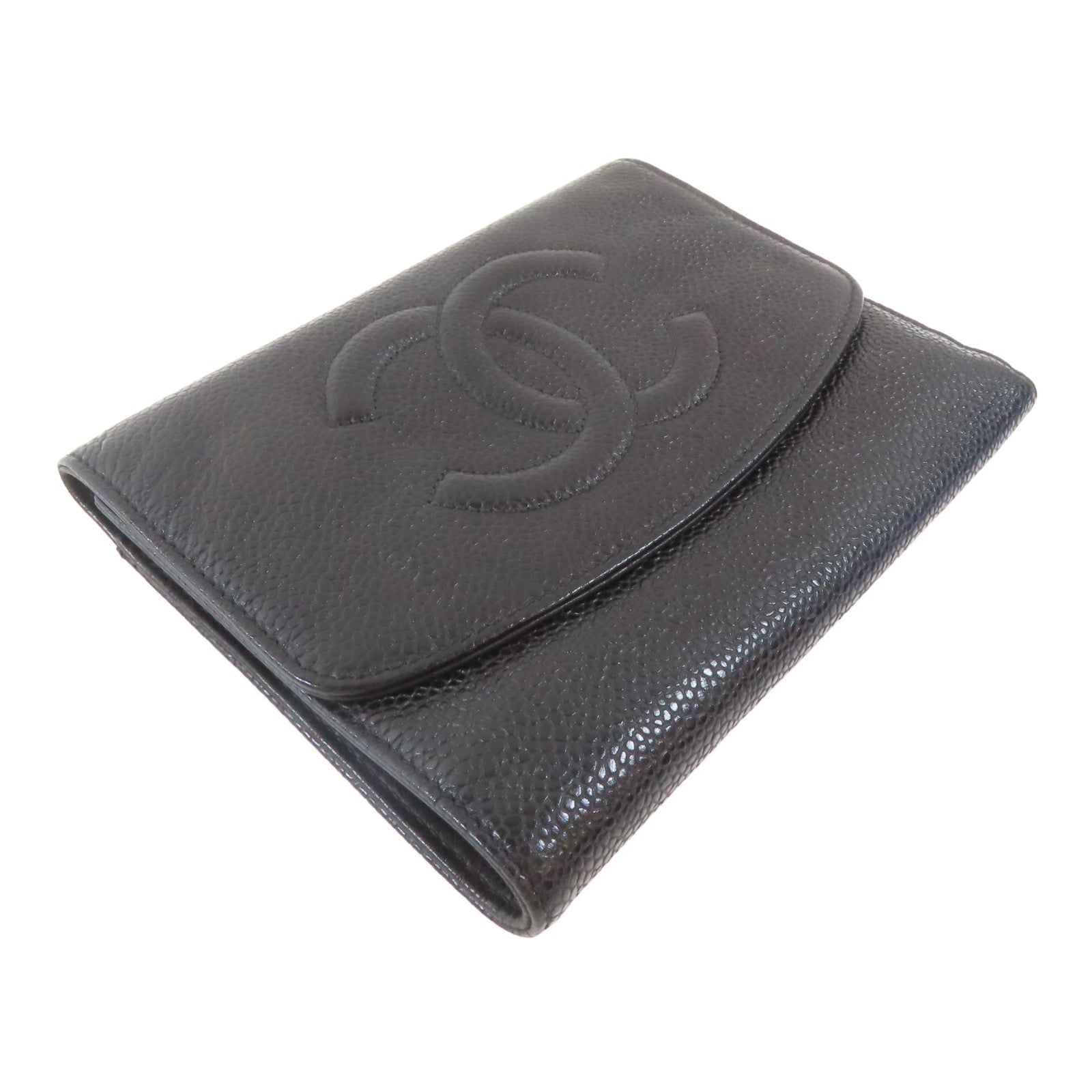 CHANEL Caviar皮革Trifold Wallet金扣錢包黑色