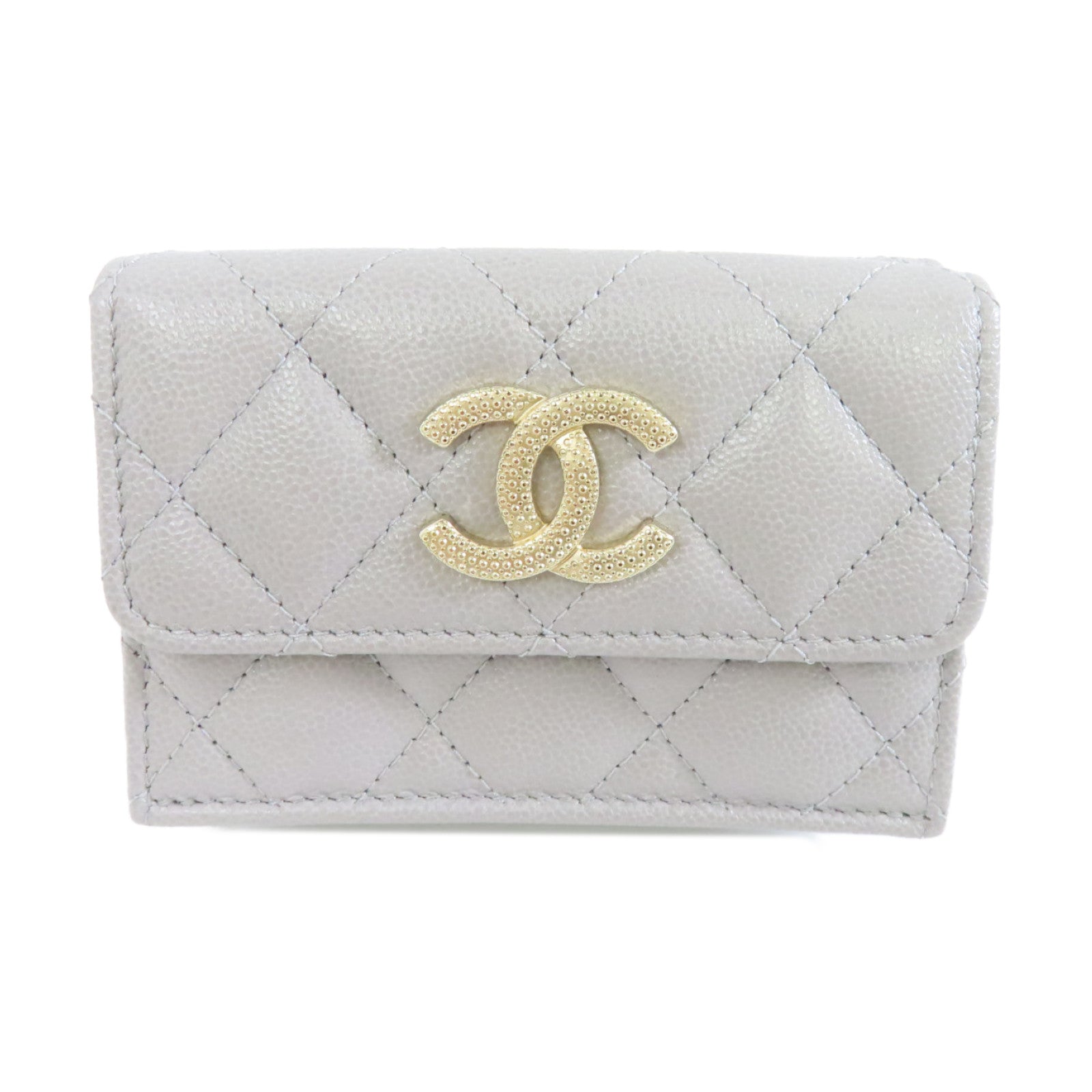 CHANEL 菱格Caviar皮革Wallet金扣錢包灰色