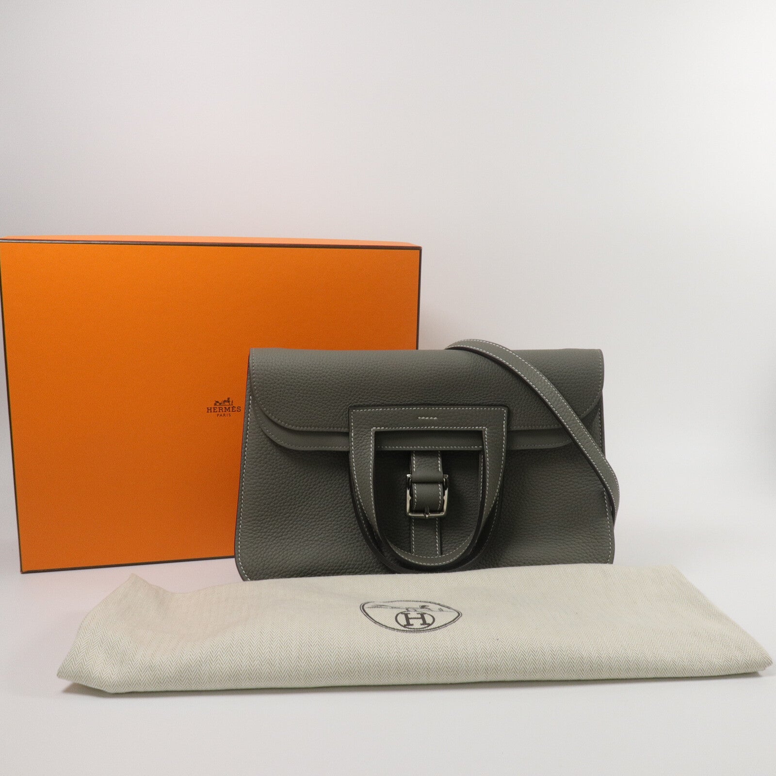 HERMES Clemence皮革Halzan 31手挽肩背兩用袋Gris Mouette