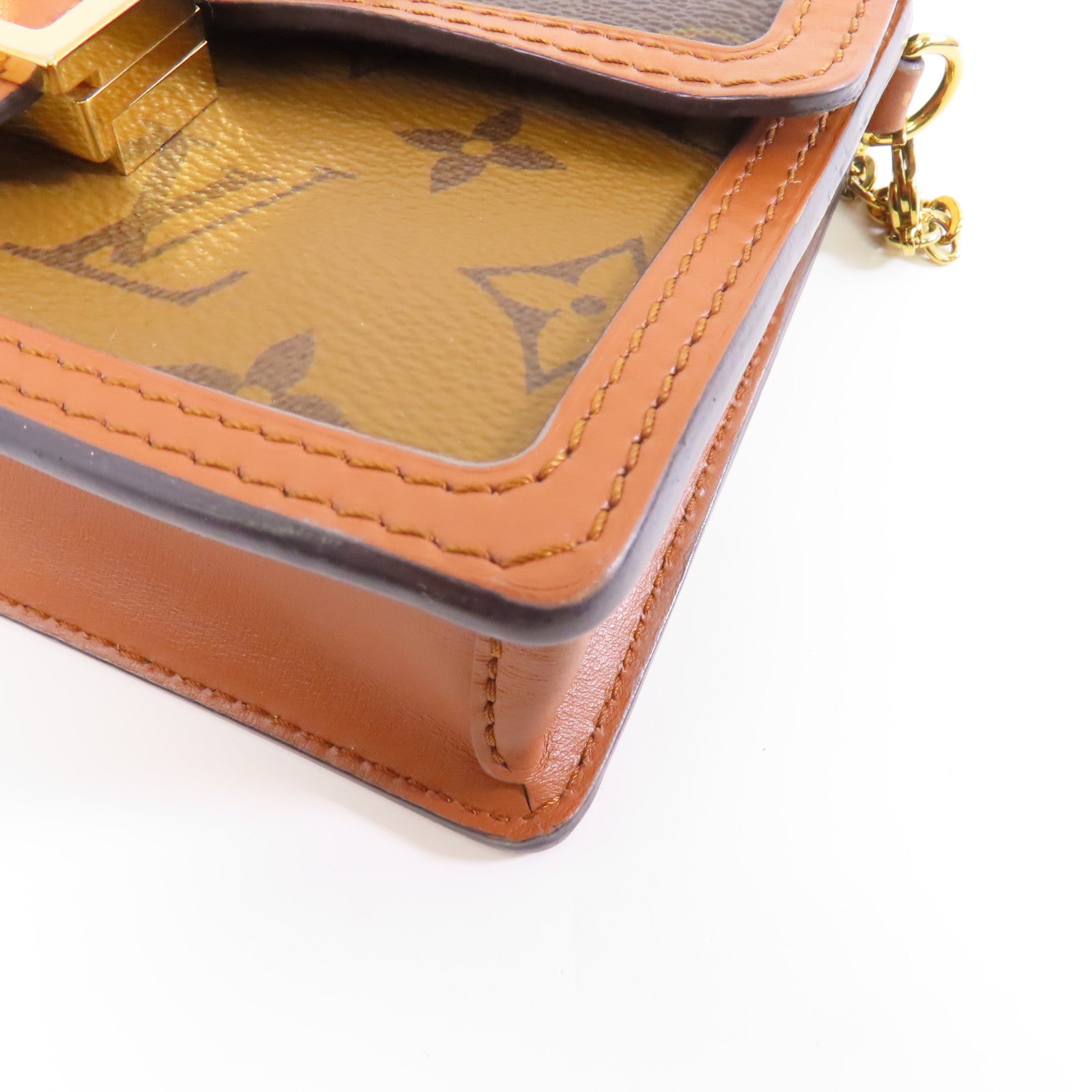 LOUIS VUITTON Monogram Reverse Dauphine金扣鏈帶肩背袋棕色