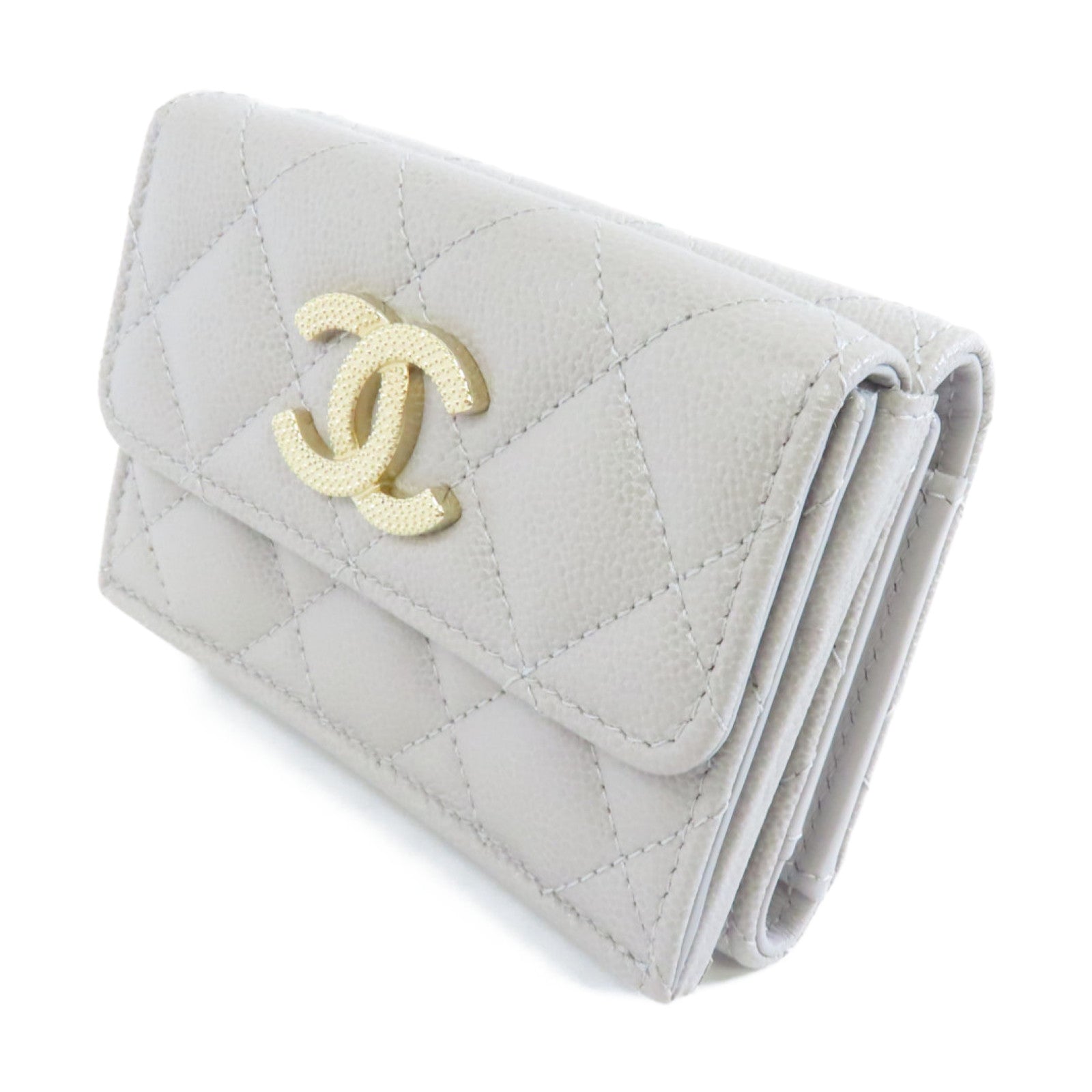 CHANEL 菱格Caviar皮革Wallet金扣錢包灰色