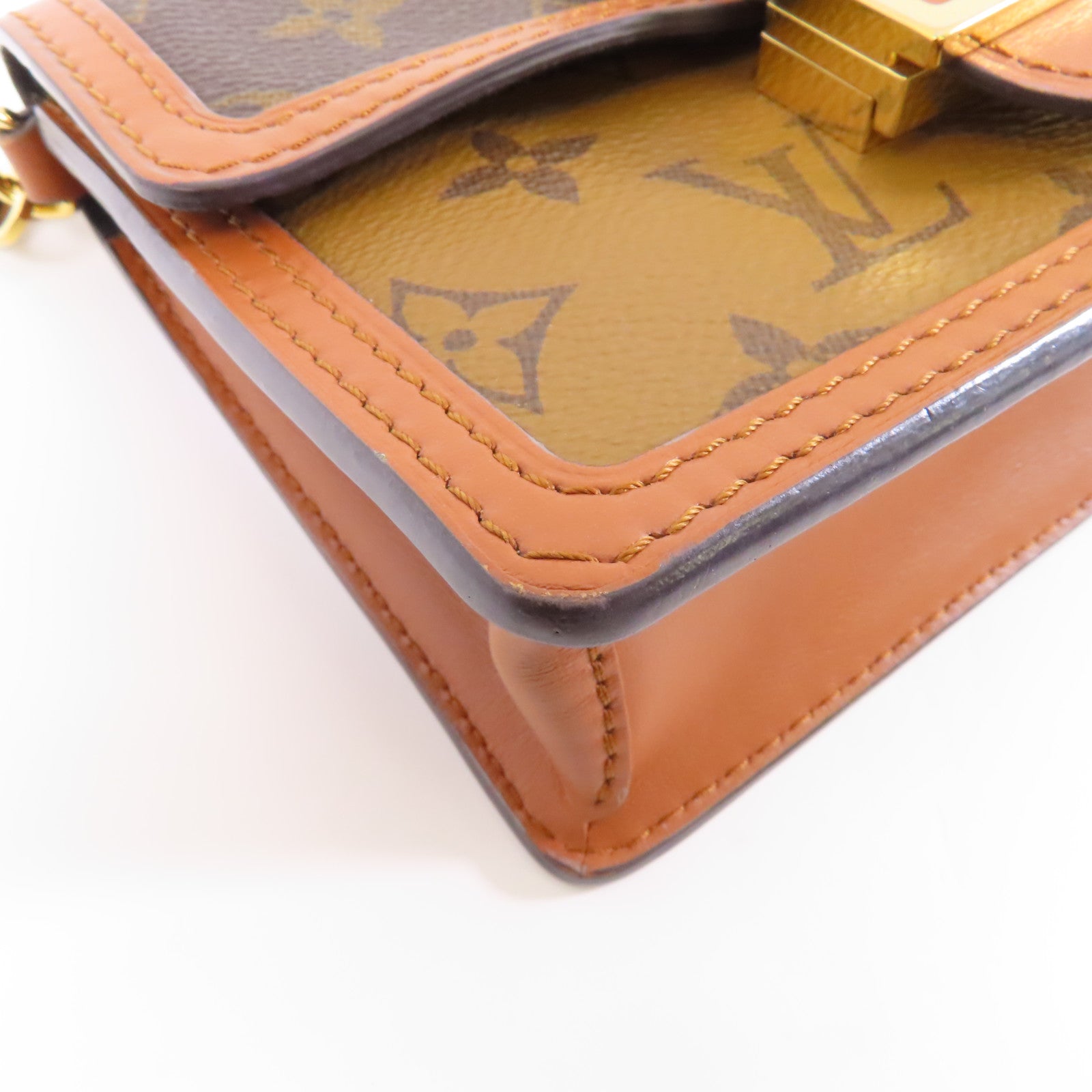 LOUIS VUITTON Monogram Reverse Dauphine金扣鏈帶肩背袋棕色
