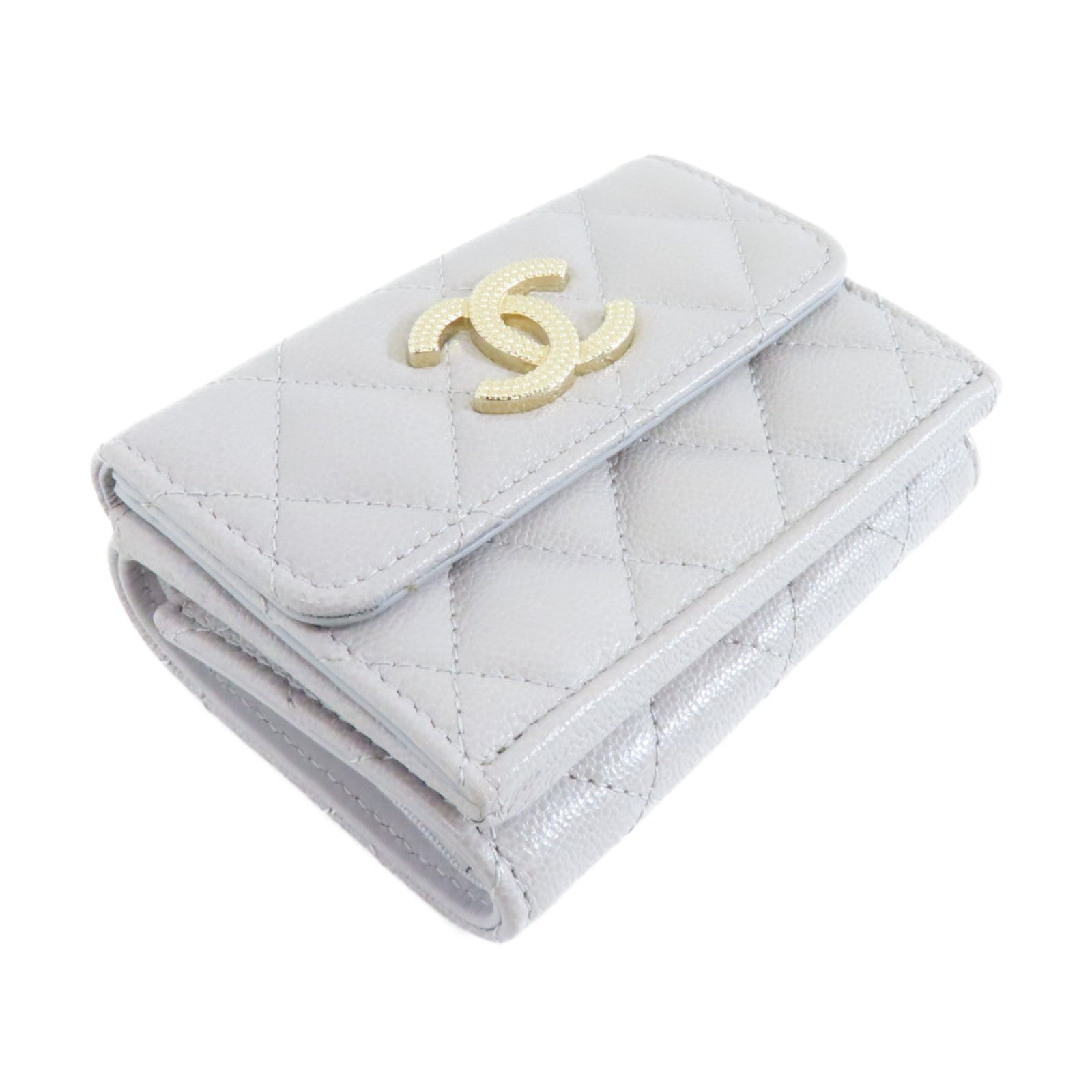 CHANEL 菱格Caviar皮革Wallet金扣錢包灰色