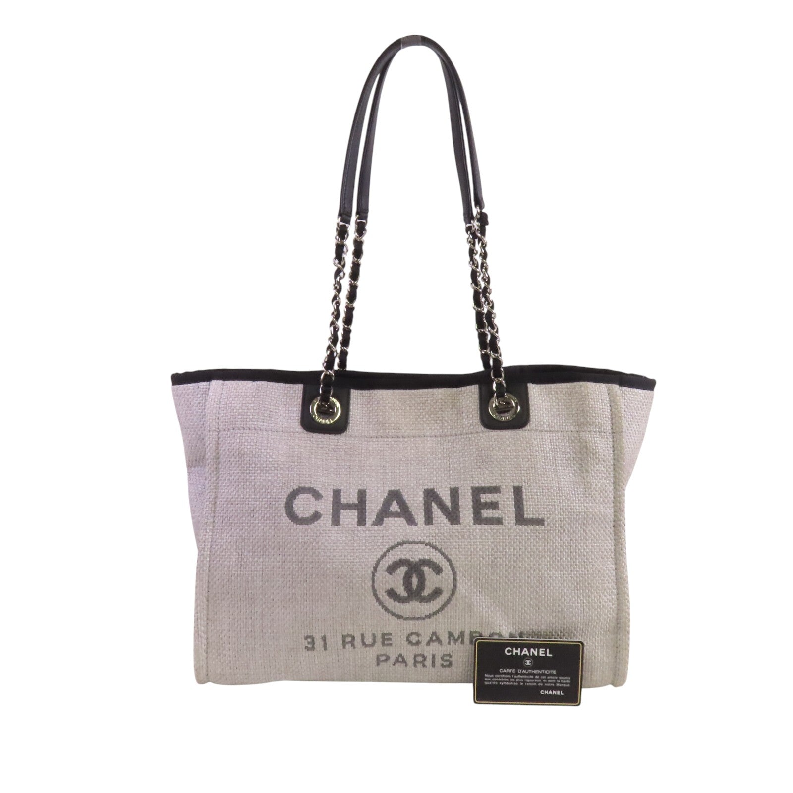 CHANEL 帆布Small Deauville Tote Bag銀扣鏈帶肩背袋