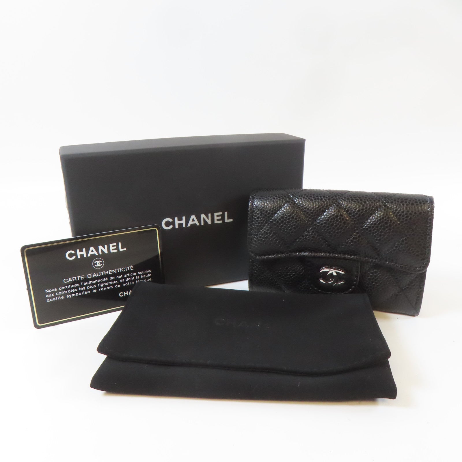 CHANEL 菱格Caviar皮革Card case銀扣卡片套黑色