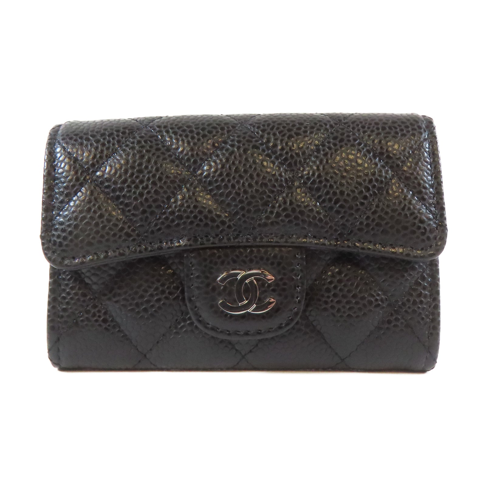 CHANEL 菱格Caviar皮革Card case銀扣卡片套黑色