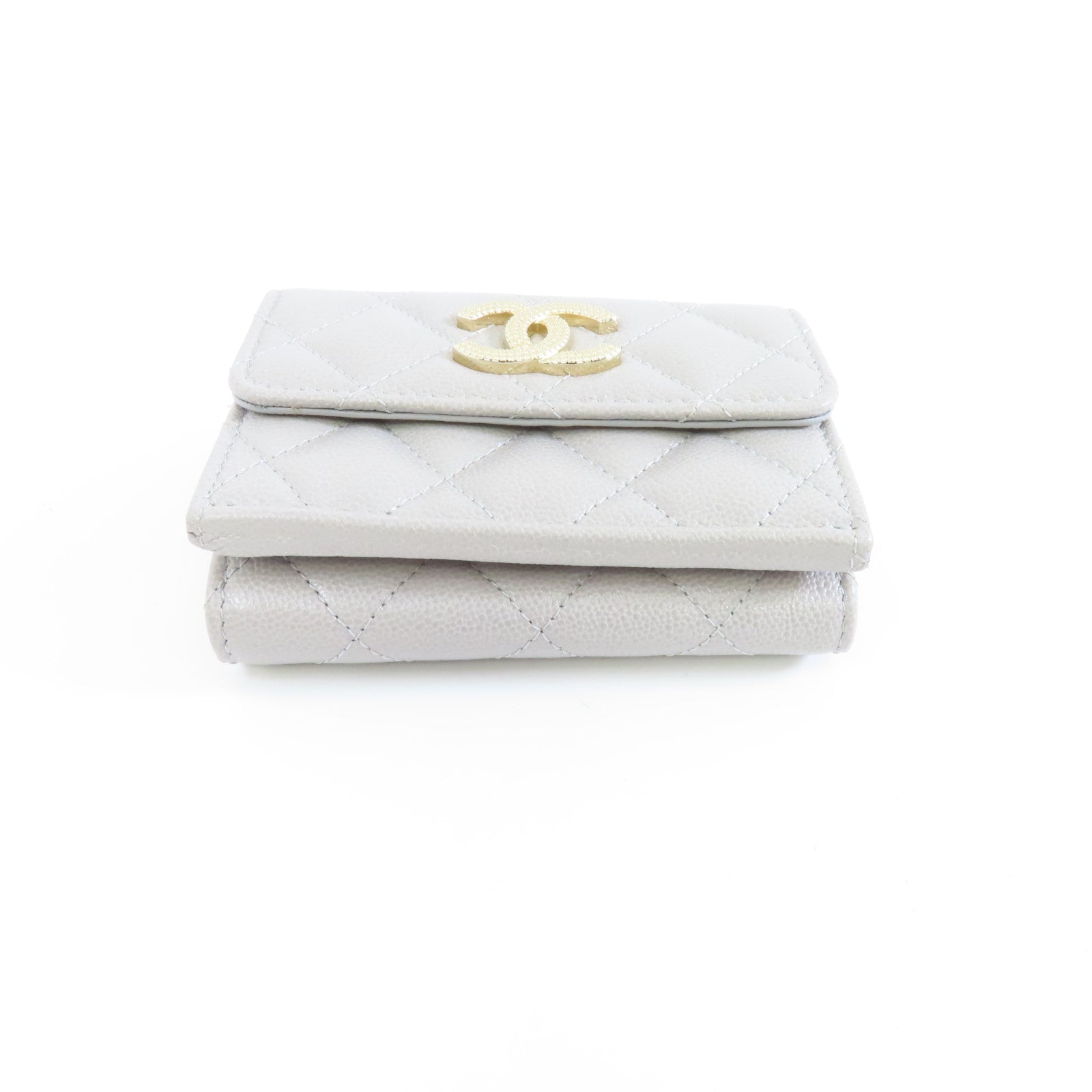 CHANEL 菱格Caviar皮革Wallet金扣錢包灰色