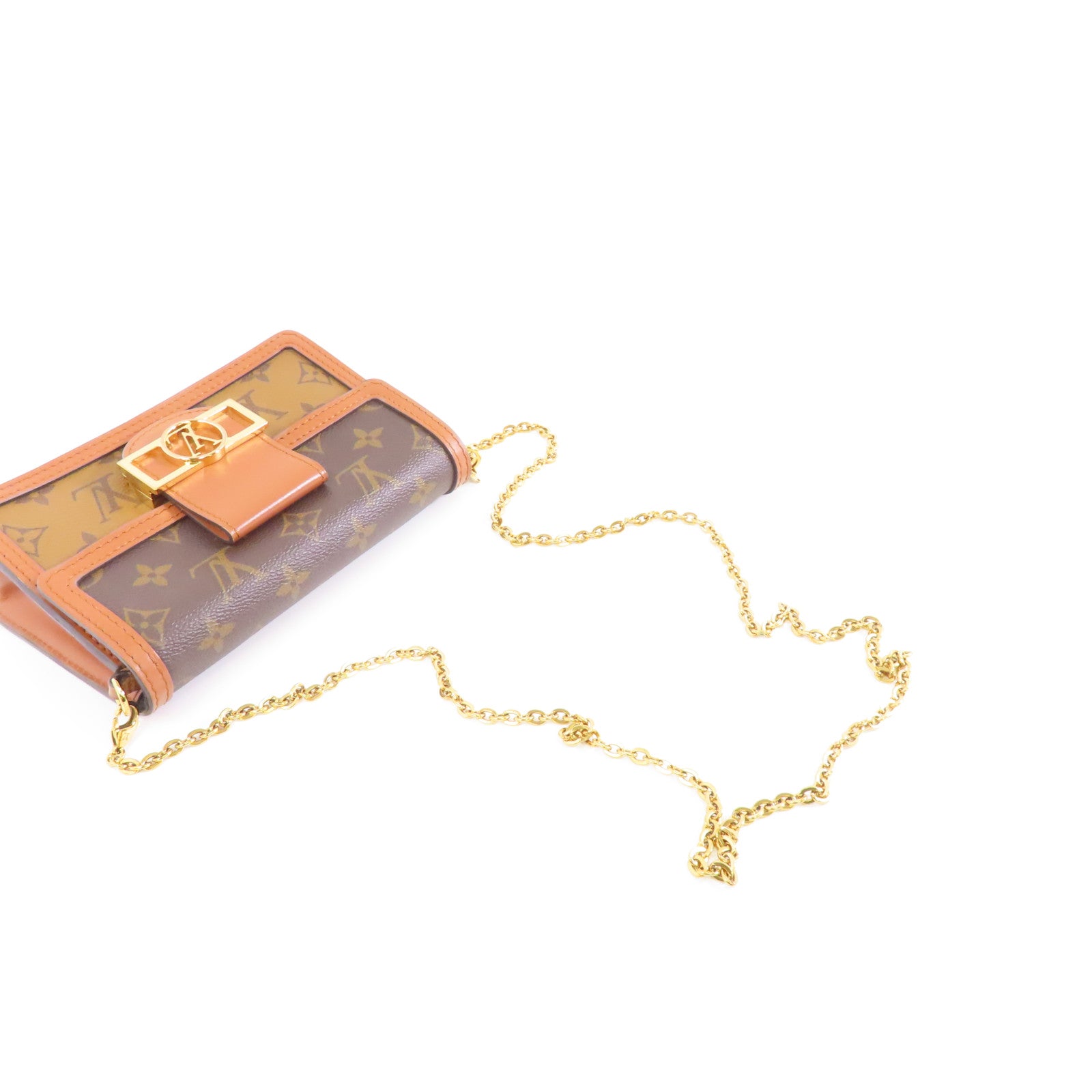 LOUIS VUITTON Monogram Reverse Dauphine金扣鏈帶肩背袋棕色