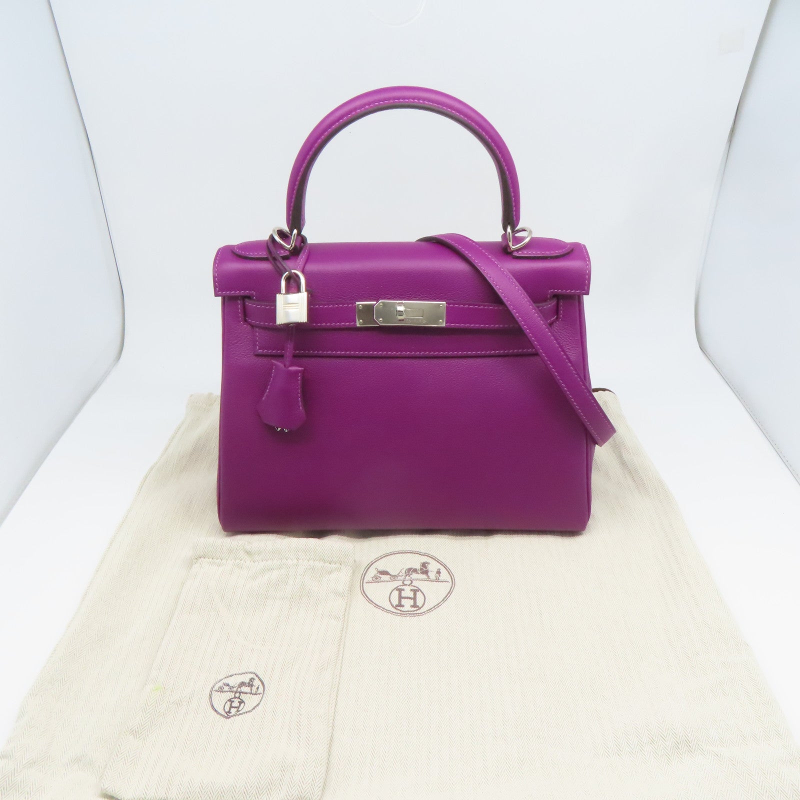 HERMES 【激減優惠】Evercolor皮革Kelly 28銀扣手挽肩背兩用袋海葵紫色