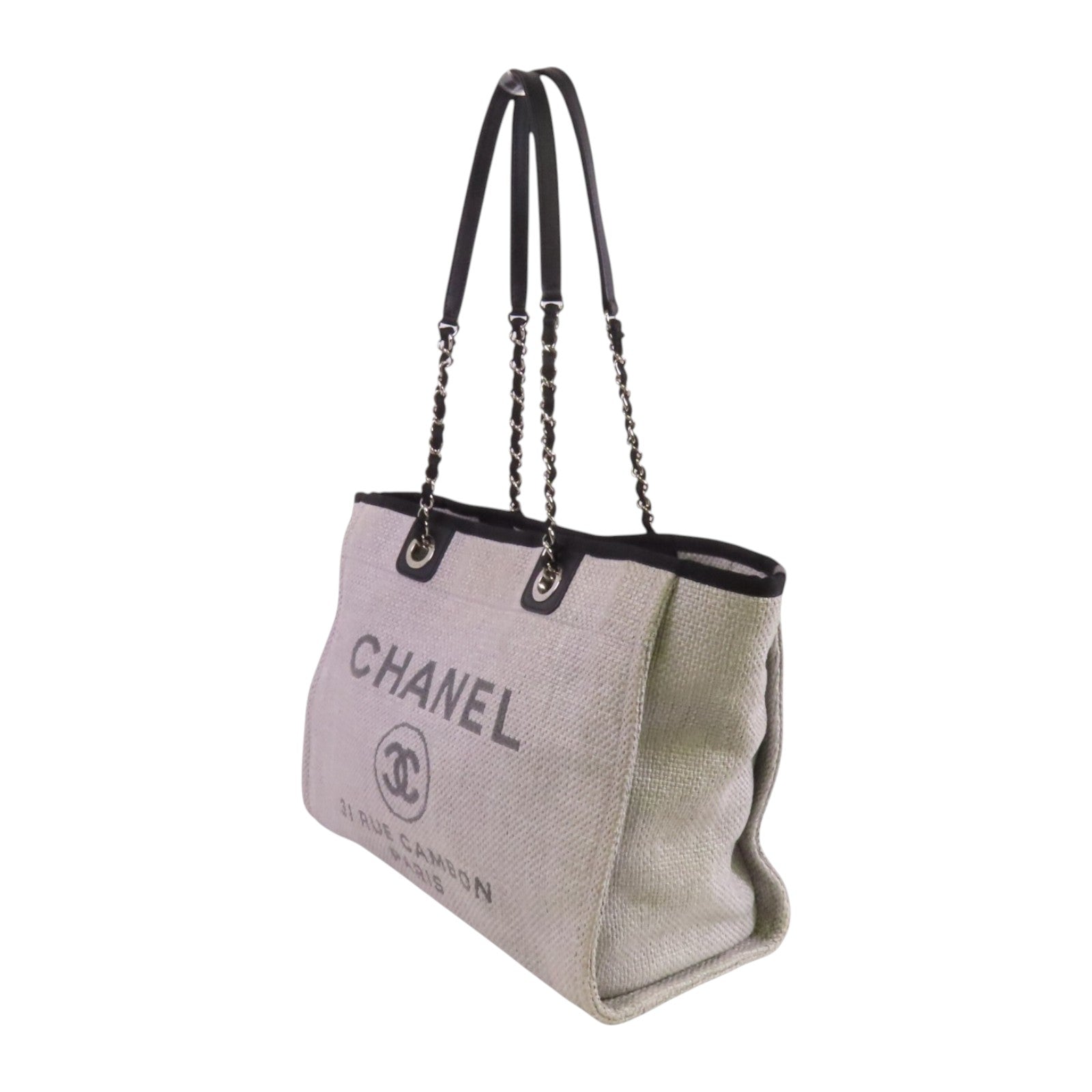 CHANEL 帆布Small Deauville Tote Bag銀扣鏈帶肩背袋