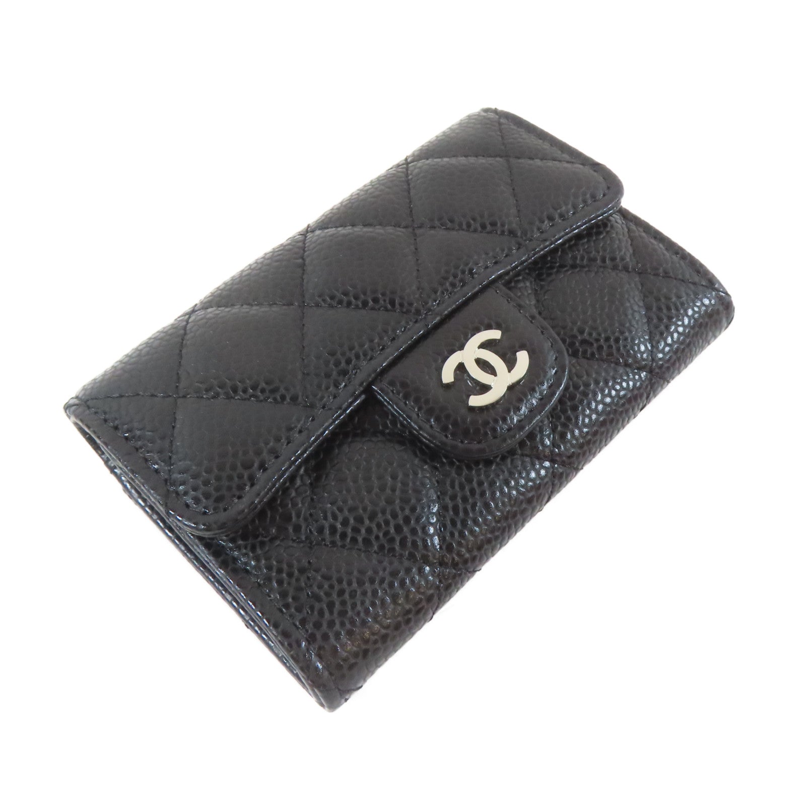 CHANEL 菱格Caviar皮革Card case銀扣卡片套黑色