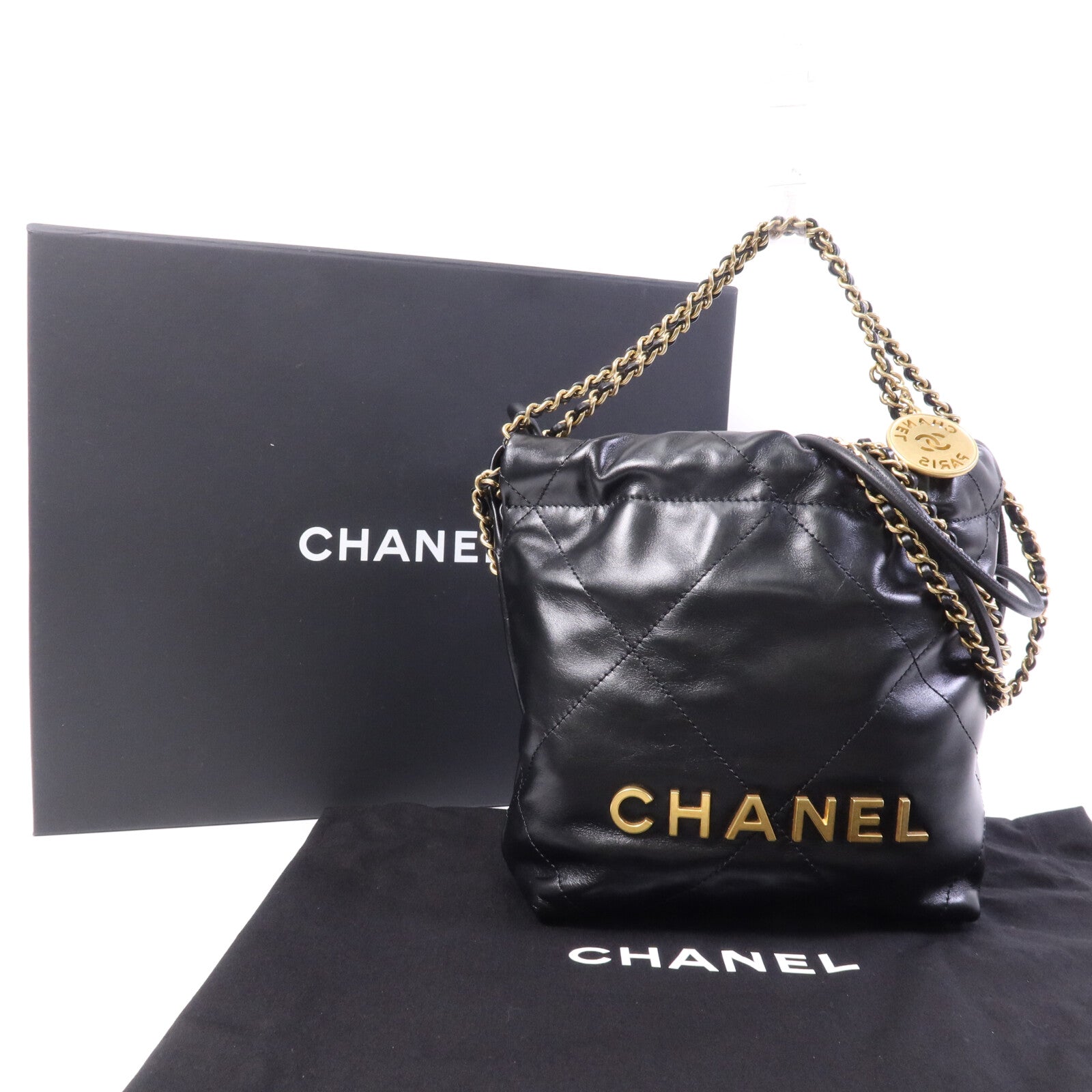 CHANEL 牛皮皮革C22 Mini金扣鏈帶手挽肩背兩用袋