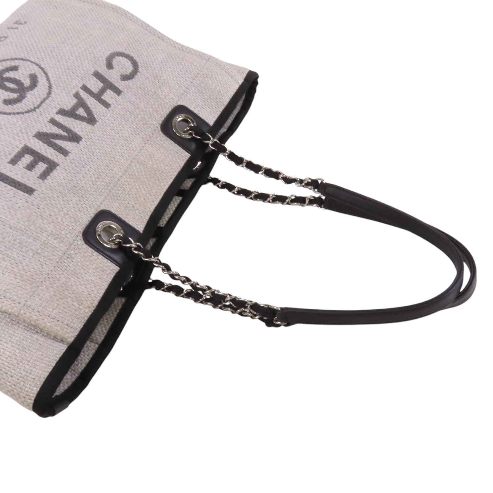 CHANEL 帆布Small Deauville Tote Bag銀扣鏈帶肩背袋