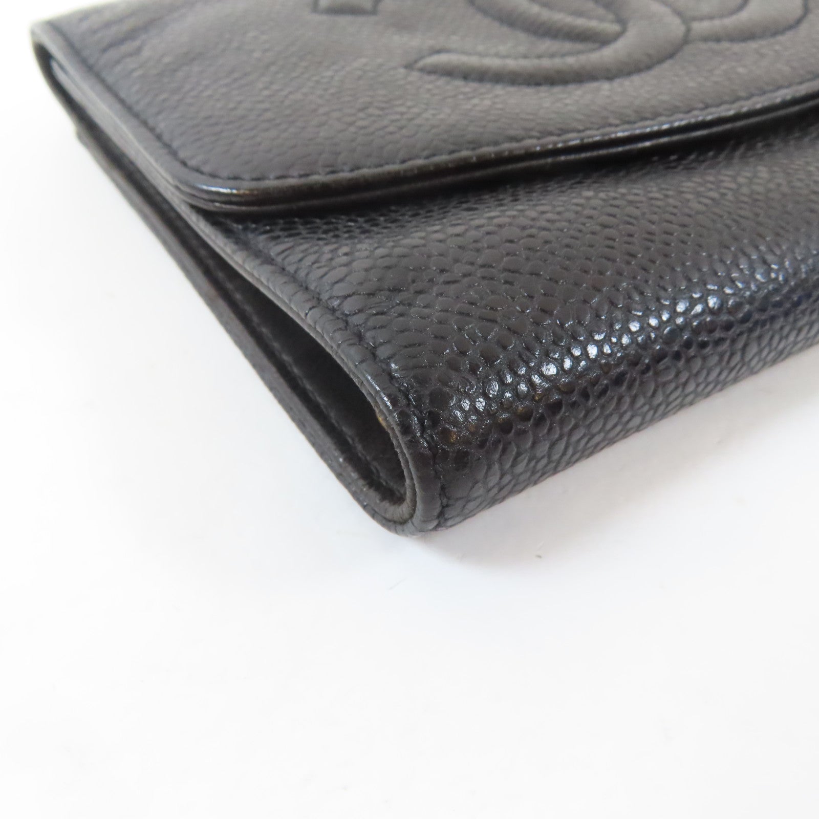 CHANEL Caviar皮革Trifold Wallet金扣錢包黑色