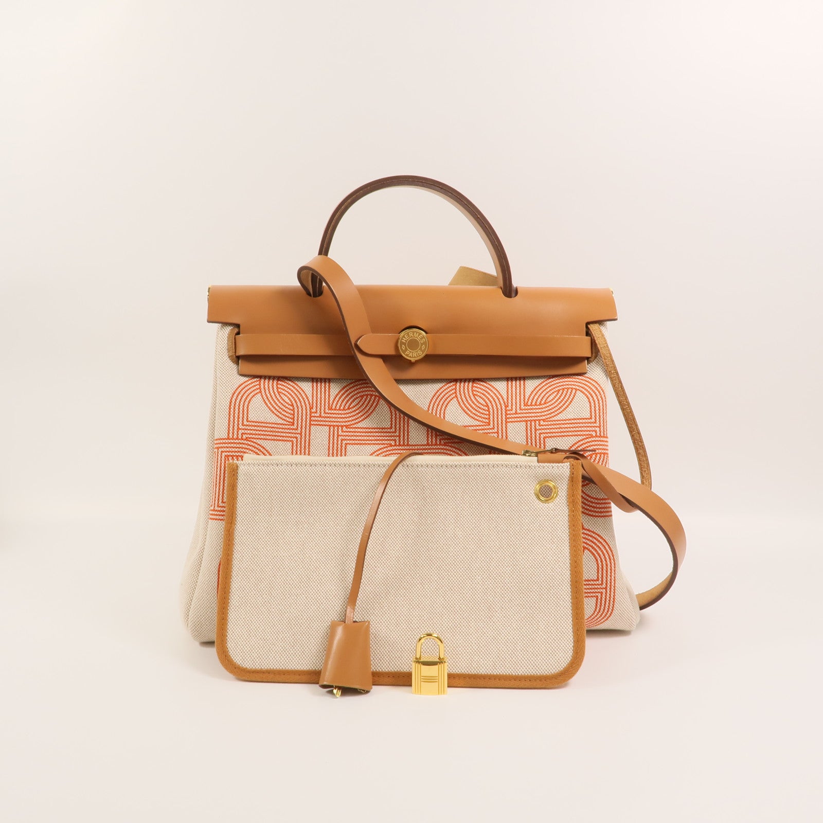 HERMES 帆布Herbag PM手挽肩背兩用袋Orange Mecano/Beige