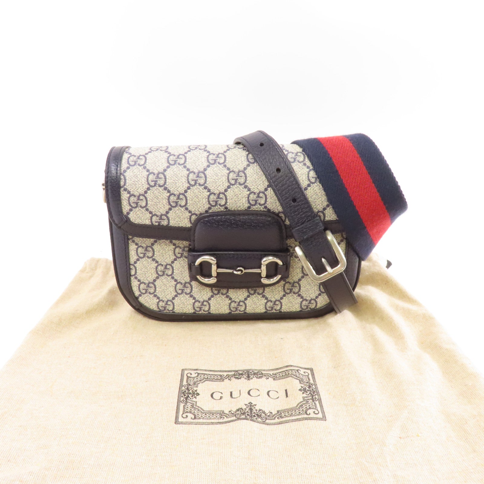 GUCCI 塗層帆布1955 Horsebit銀扣肩背袋藍色/米色