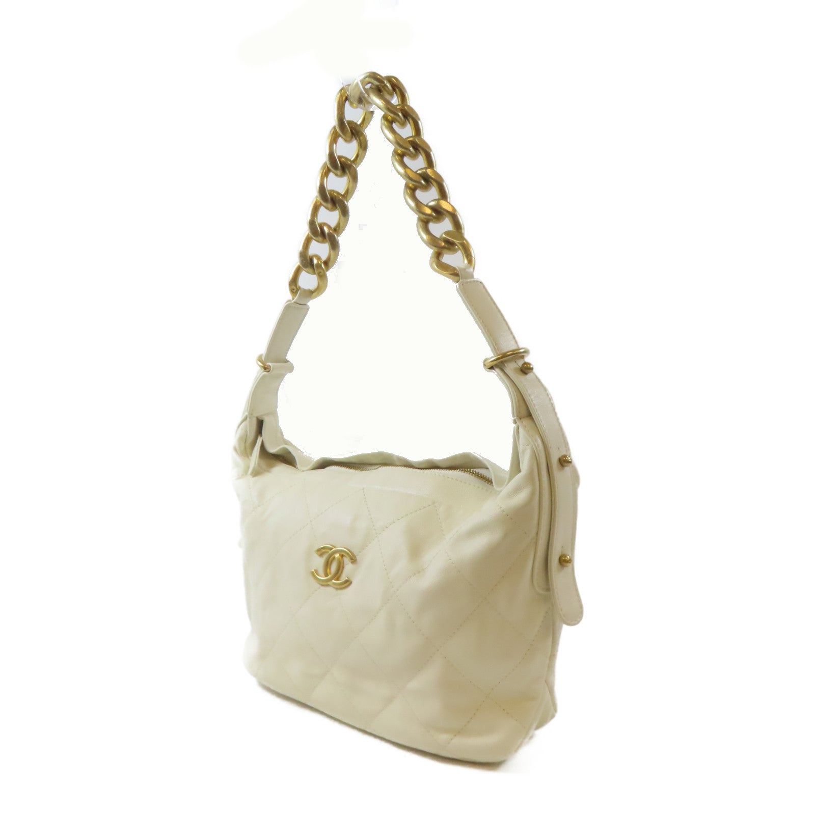 CHANEL 菱格牛皮皮革Hobo金扣鏈帶肩背袋白色
