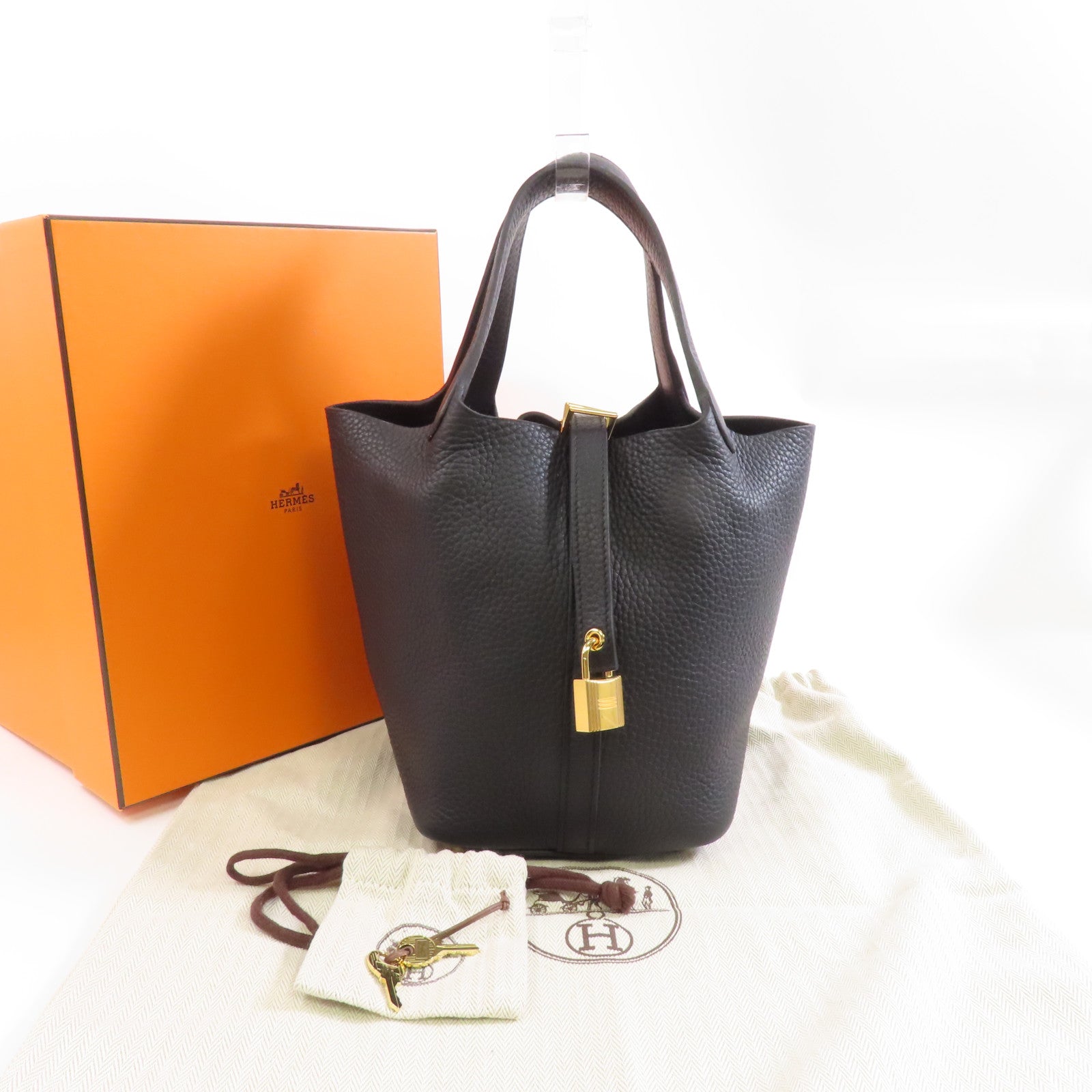 HERMES Clemence皮革Picotin Lock 18金扣手挽袋Noir/黑色