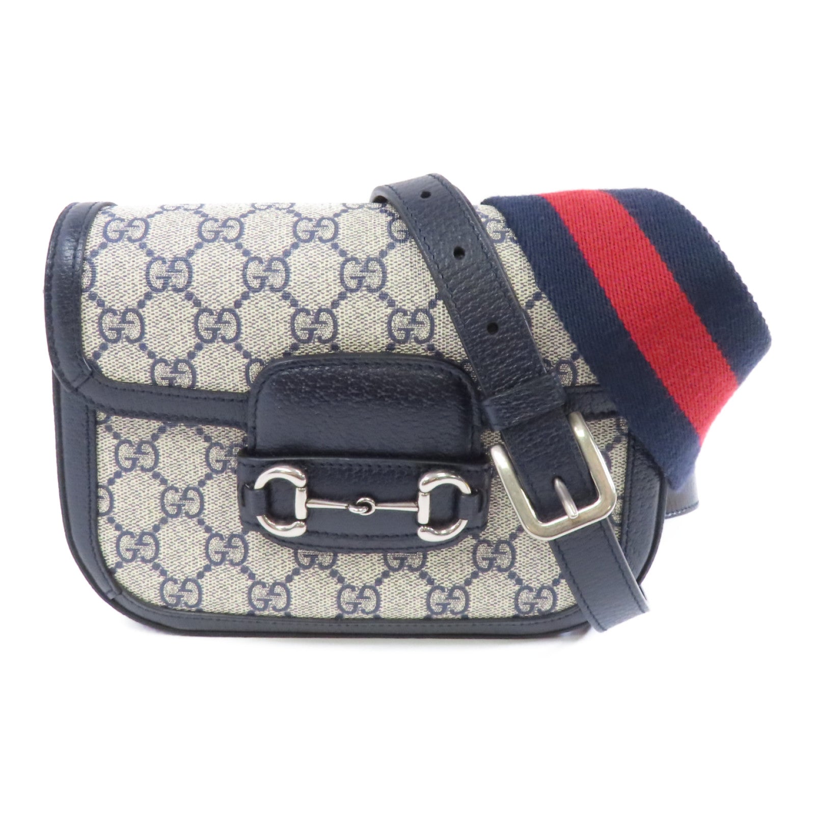 GUCCI 塗層帆布1955 Horsebit銀扣肩背袋藍色/米色