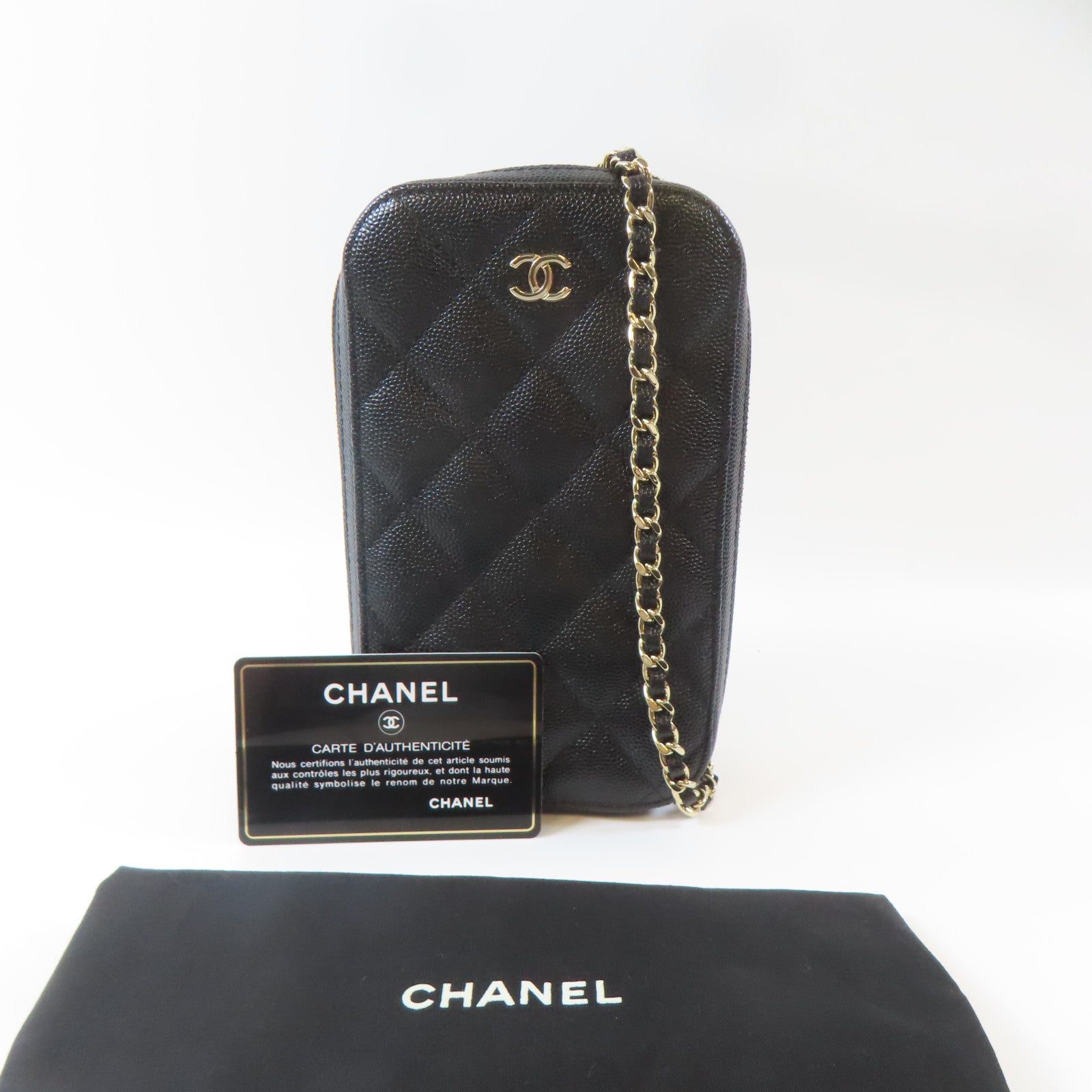 CHANEL 菱格Caviar皮革Phone Bag金扣鏈帶肩背袋黑色