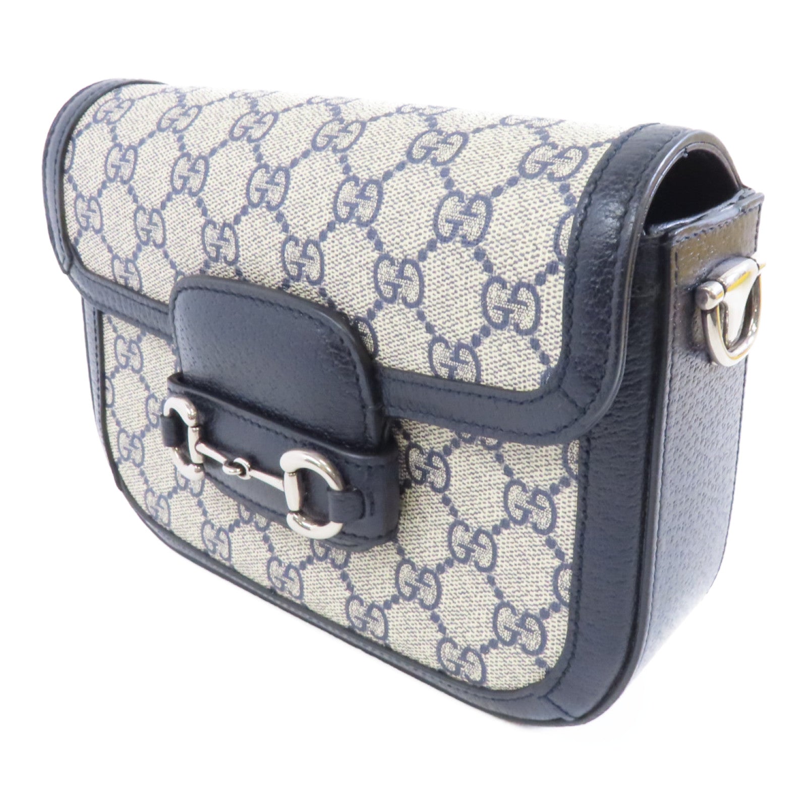 GUCCI 塗層帆布1955 Horsebit銀扣肩背袋藍色/米色