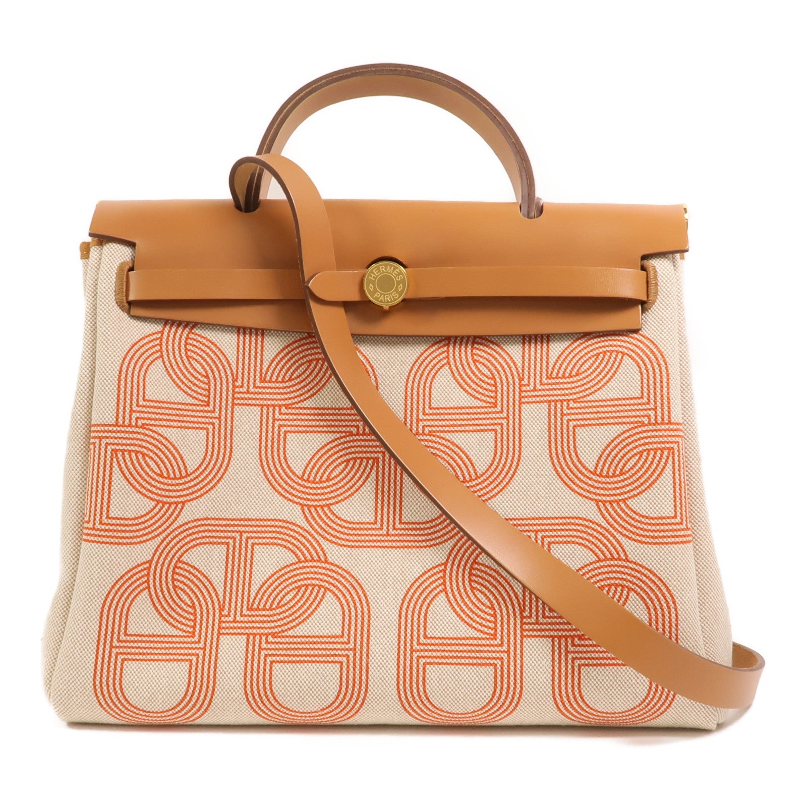 HERMES 帆布Herbag PM手挽肩背兩用袋Orange Mecano/Beige