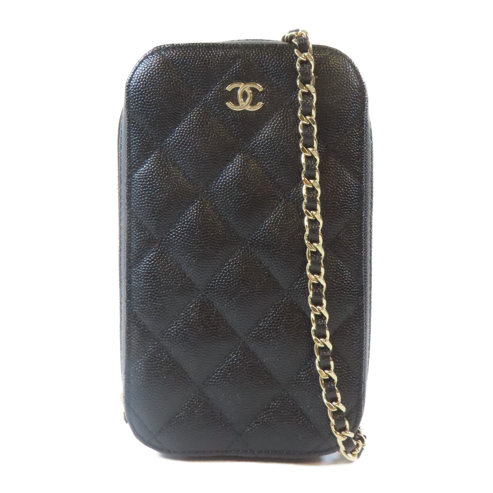 CHANEL 菱格Caviar皮革Phone Bag金扣鏈帶肩背袋黑色