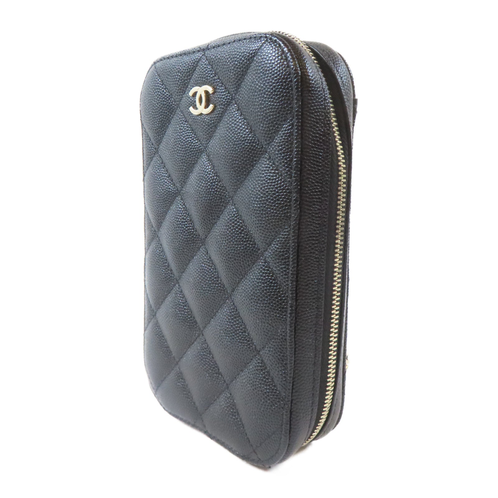 CHANEL 菱格Caviar皮革Phone Bag金扣鏈帶肩背袋黑色
