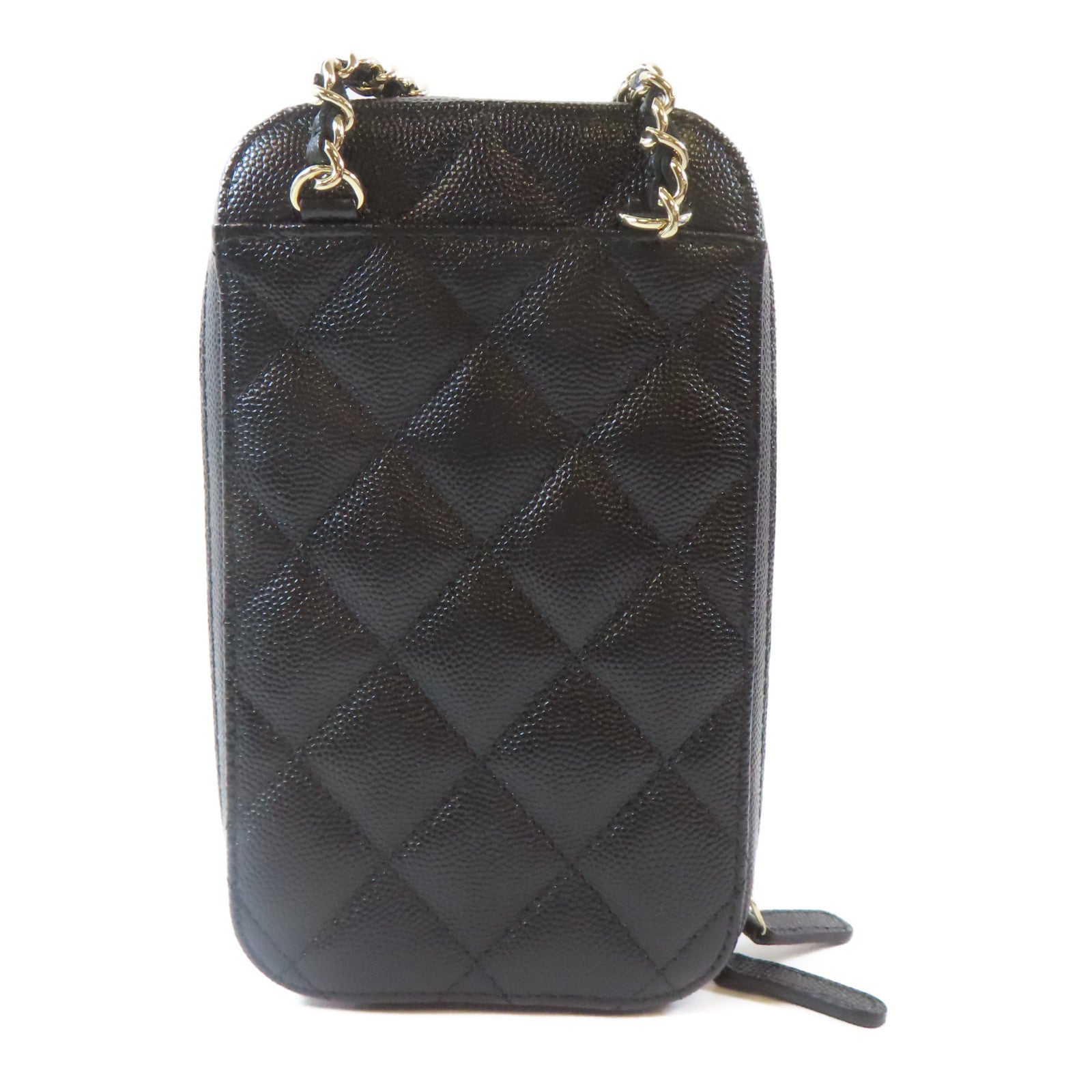 CHANEL 菱格Caviar皮革Phone Bag金扣鏈帶肩背袋黑色