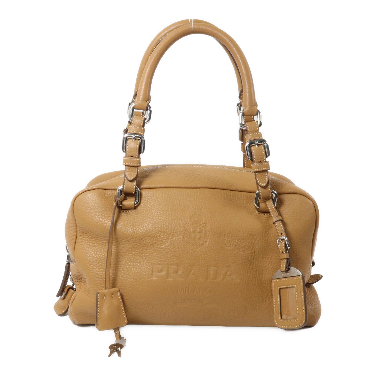 PRADA 牛皮皮革Daino Bauletto Embossed Logo Handbag手挽袋